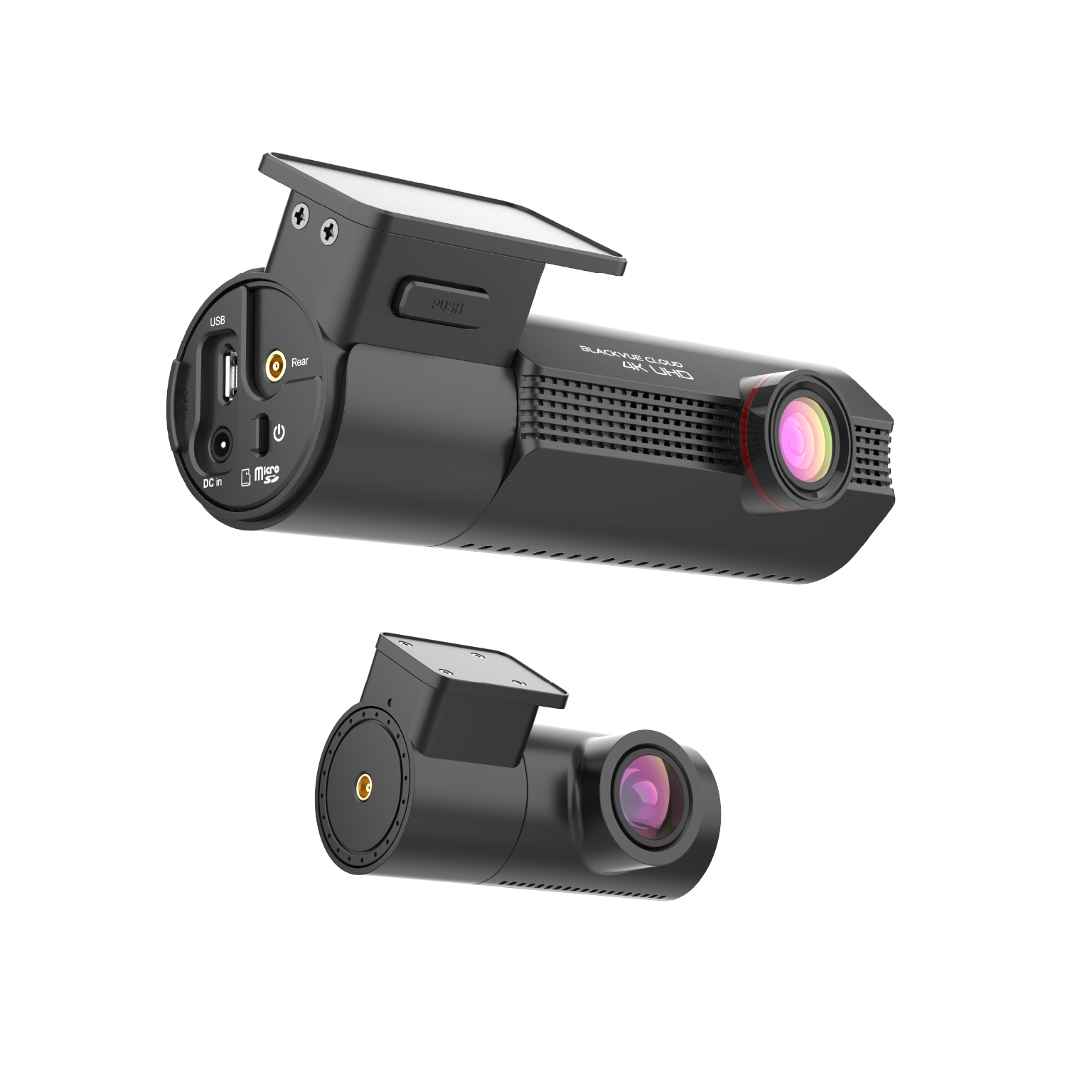 Twee zwarte dashcams met lenzen en poorten op witte achtergrond.