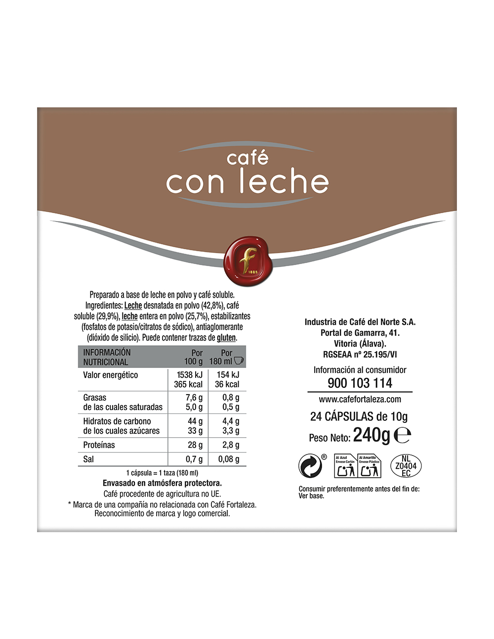Paquete de 24 cápsulas de Café con Leche con información nutricional.