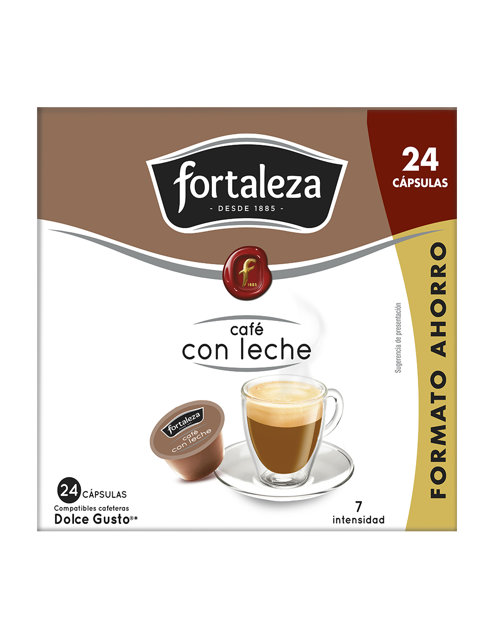 Caja de 24 cápsulas Fortaleza Café con Leche, con una taza de café.