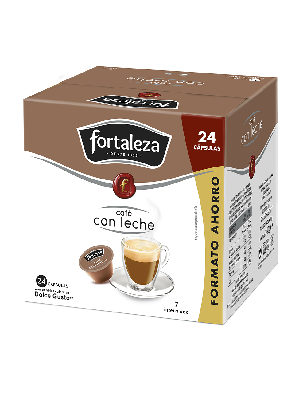 Una caja marrón de cápsulas de café Fortaleza con leche, junto a una taza de café.