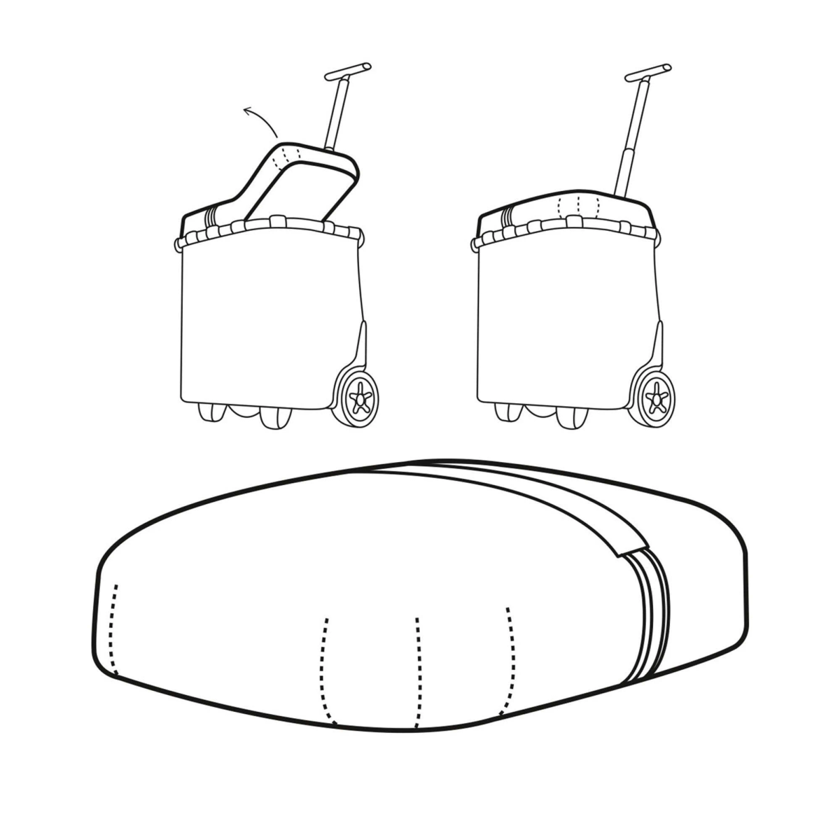 Dibujo lineal de una maleta con ruedas, abierta y cerrada, y una bolsa de lona.