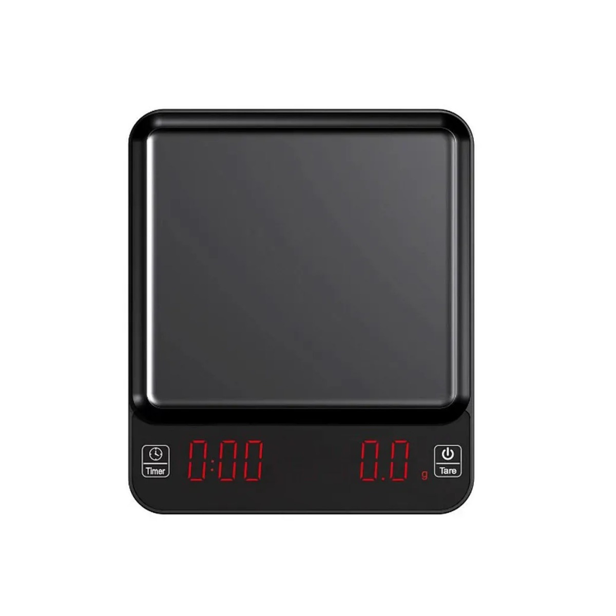 Eine schwarze Digitalwaage mit rotem Display. Zeigt 0:00 und 0.0 an.