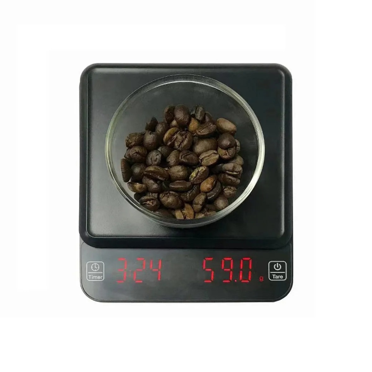 Eine Glasschale mit Kaffeebohnen auf einer digitalen Waage.