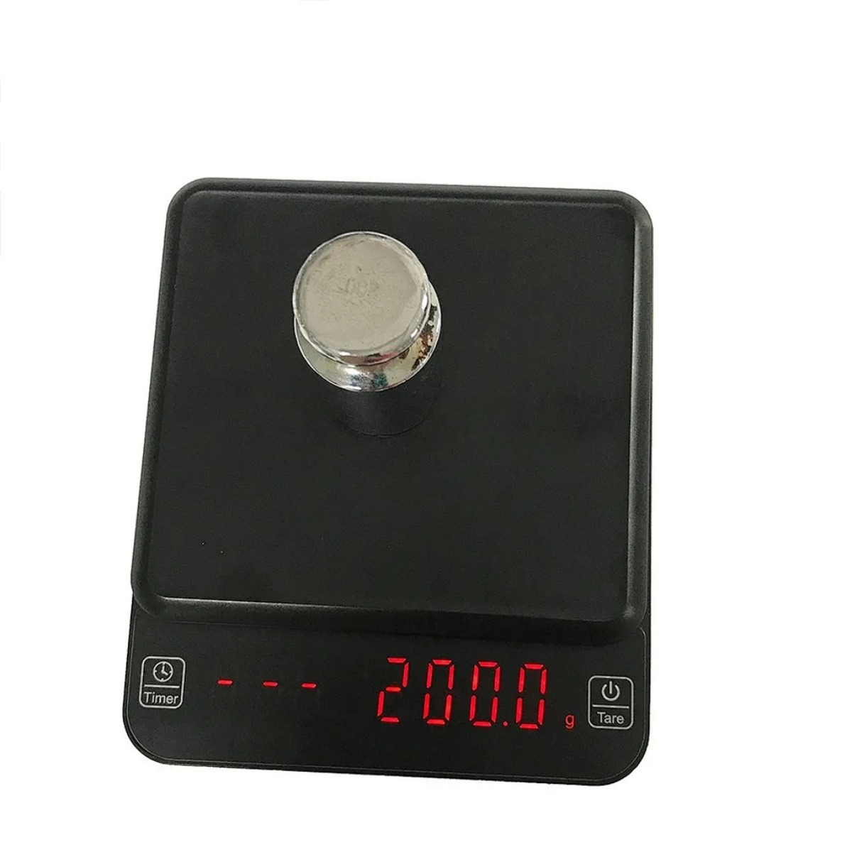 Eine schwarze Digitalwaage zeigt 200,0 Gramm an, mit einem silbernen Gewicht darauf.