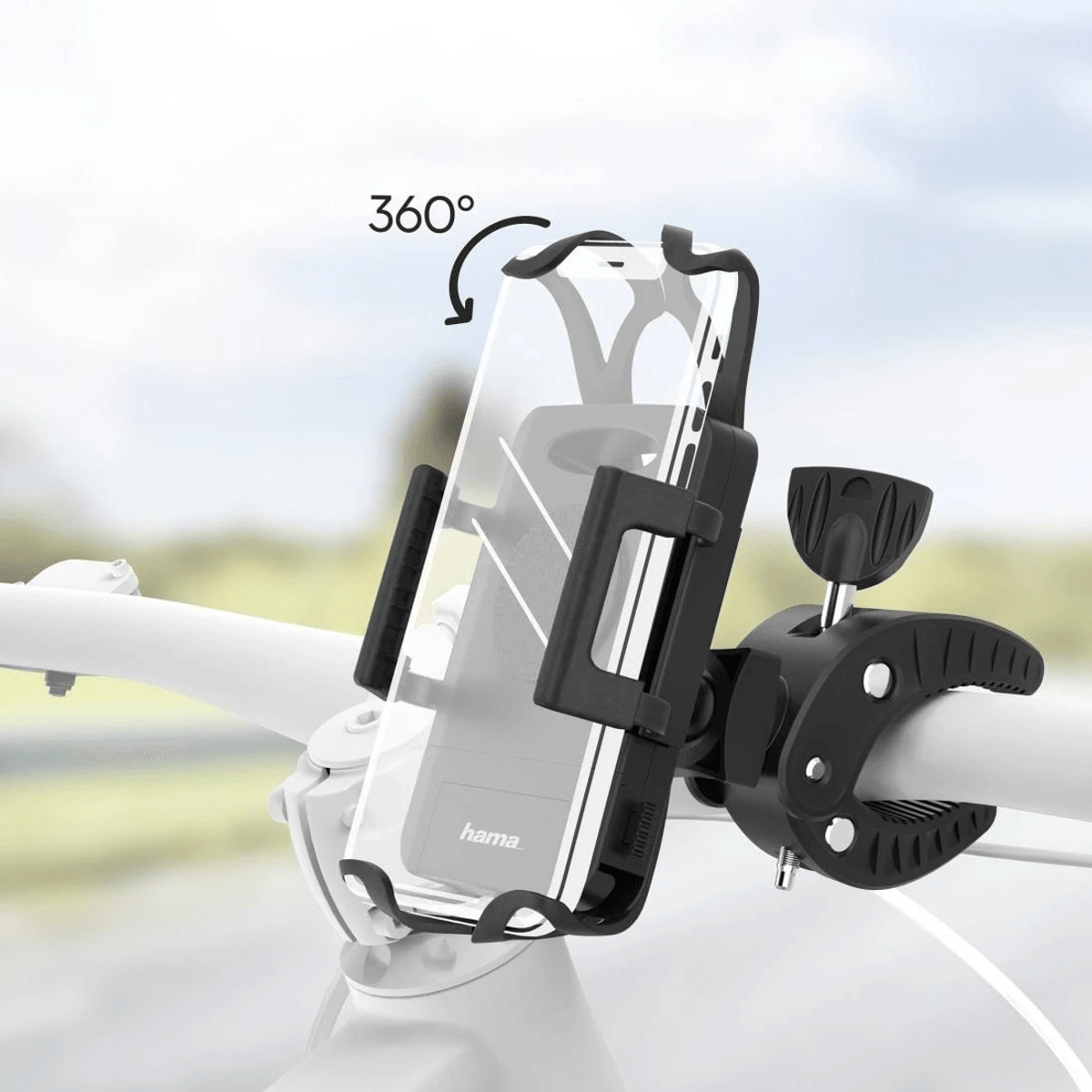 Soporte de bicicleta para smartphone con rotación de 360 grados en manillar blanco.