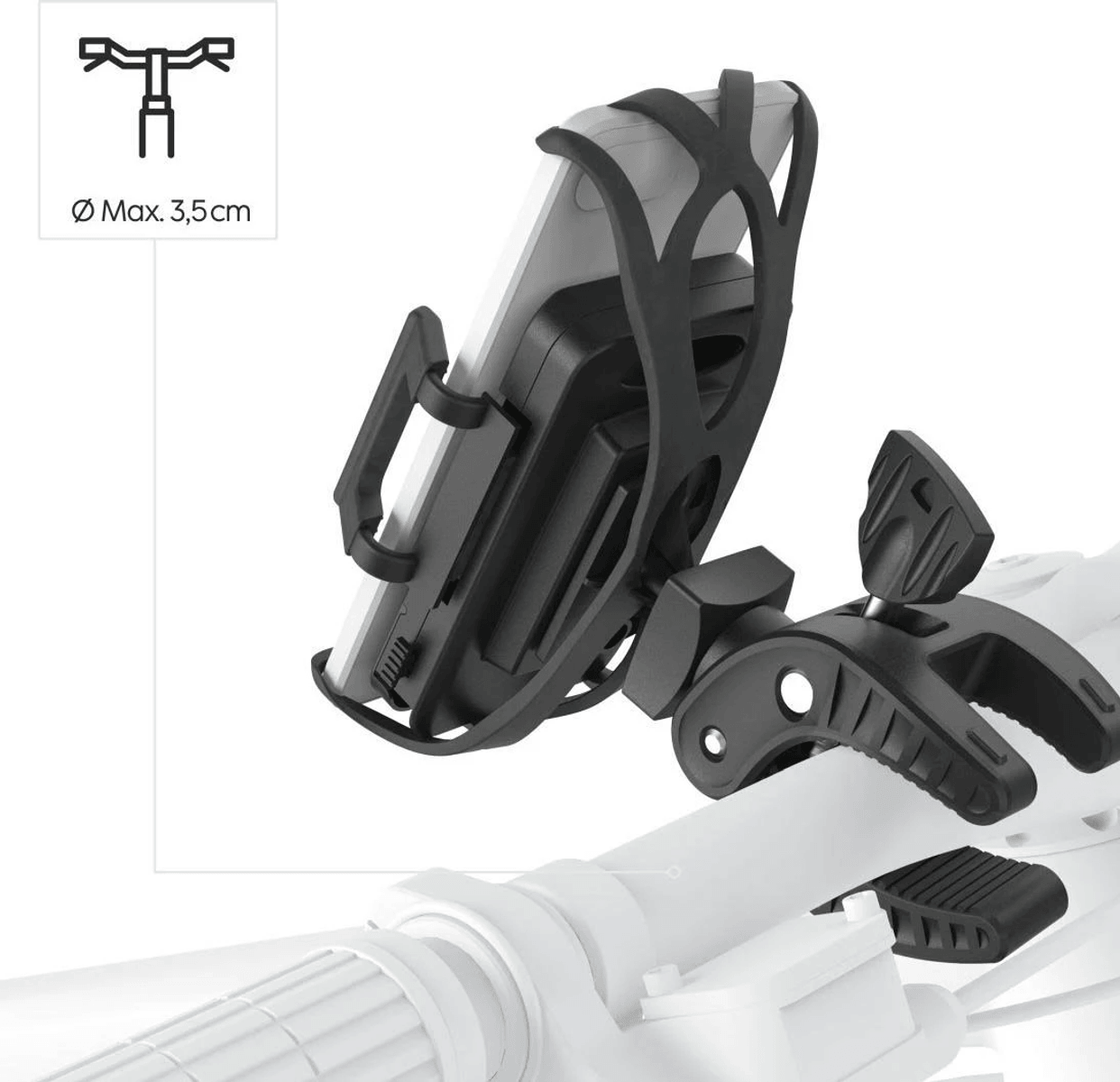 Soporte de silicona negro para teléfono en manillar blanco. Diámetro máx. 3,5cm.