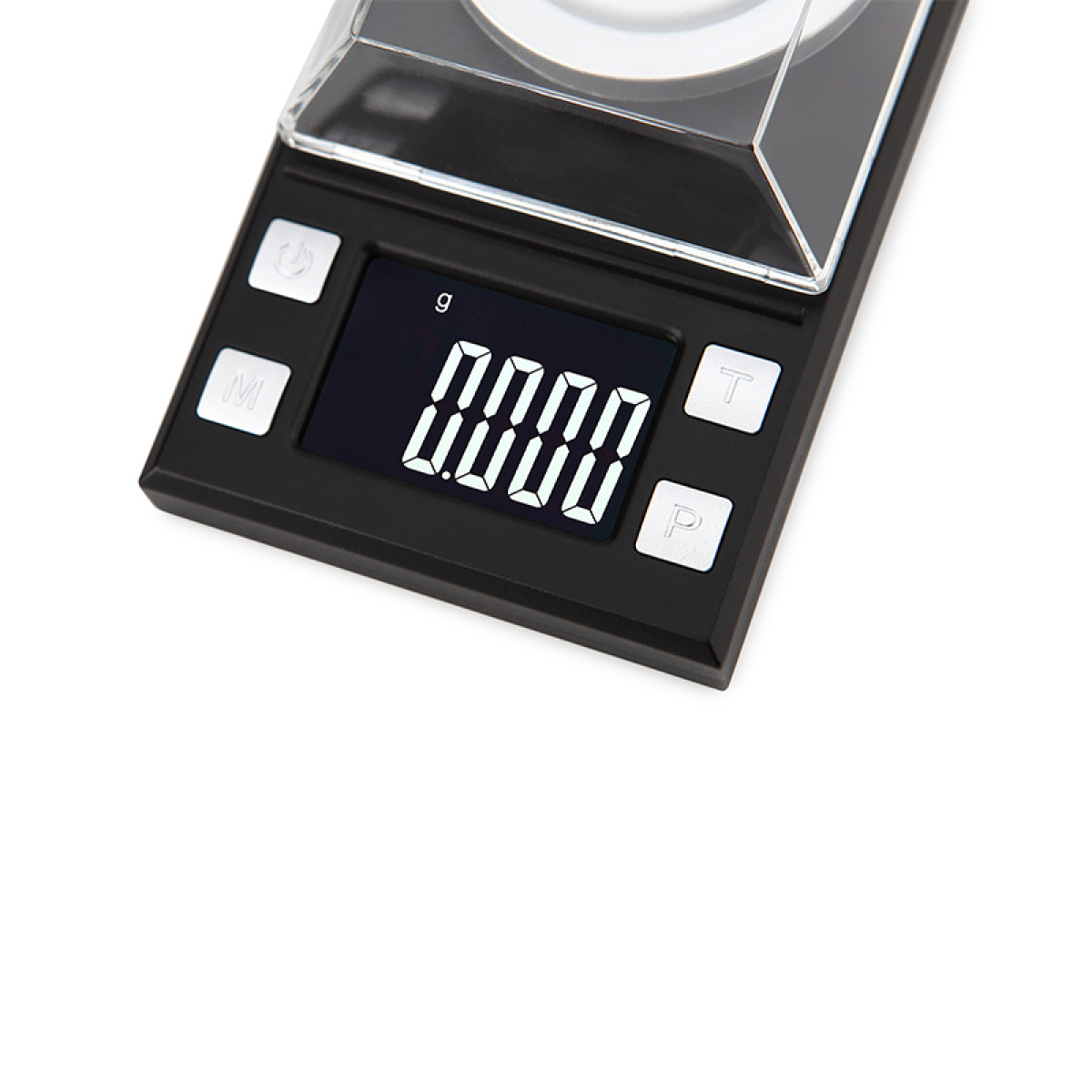 Schwarze Digitalwaage mit beleuchtetem Display, das 0.000 anzeigt.