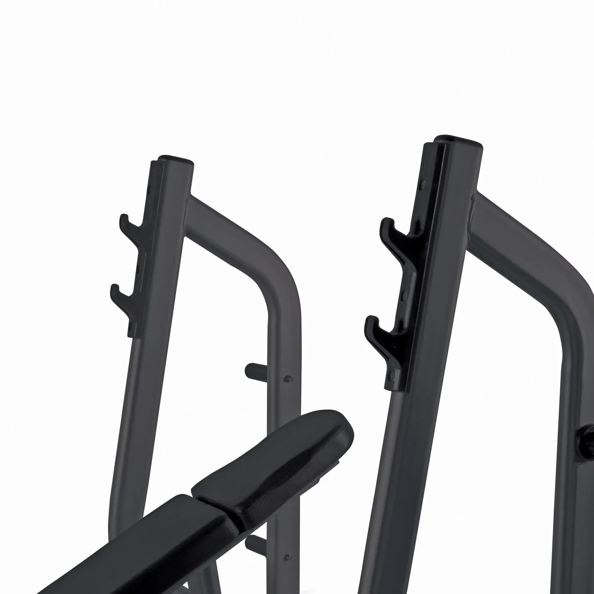 Gray weight rack with black padding and hooks for barbells.