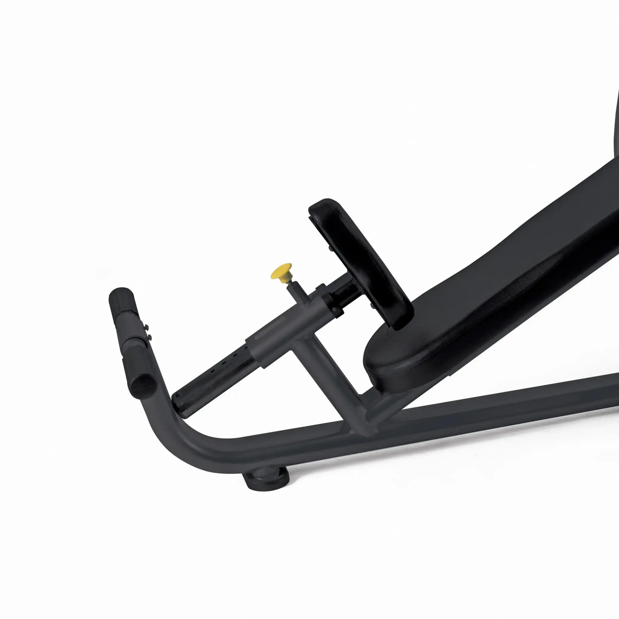 Close-up of a black exercise machine with padded grips and an adjustable seat.
