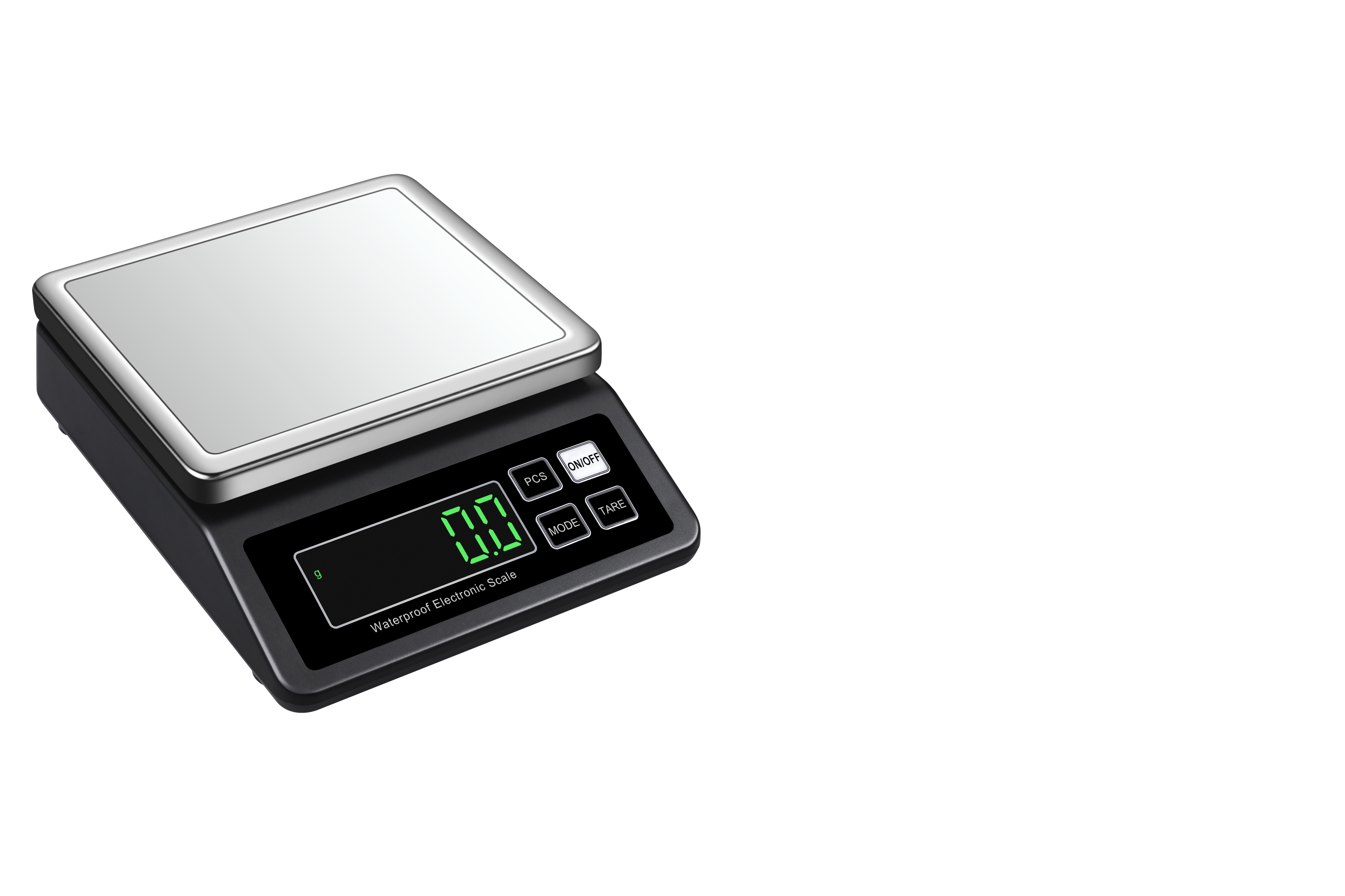 Eine schwarze elektronische Waage mit silberner Wiegefläche und grünem Display.