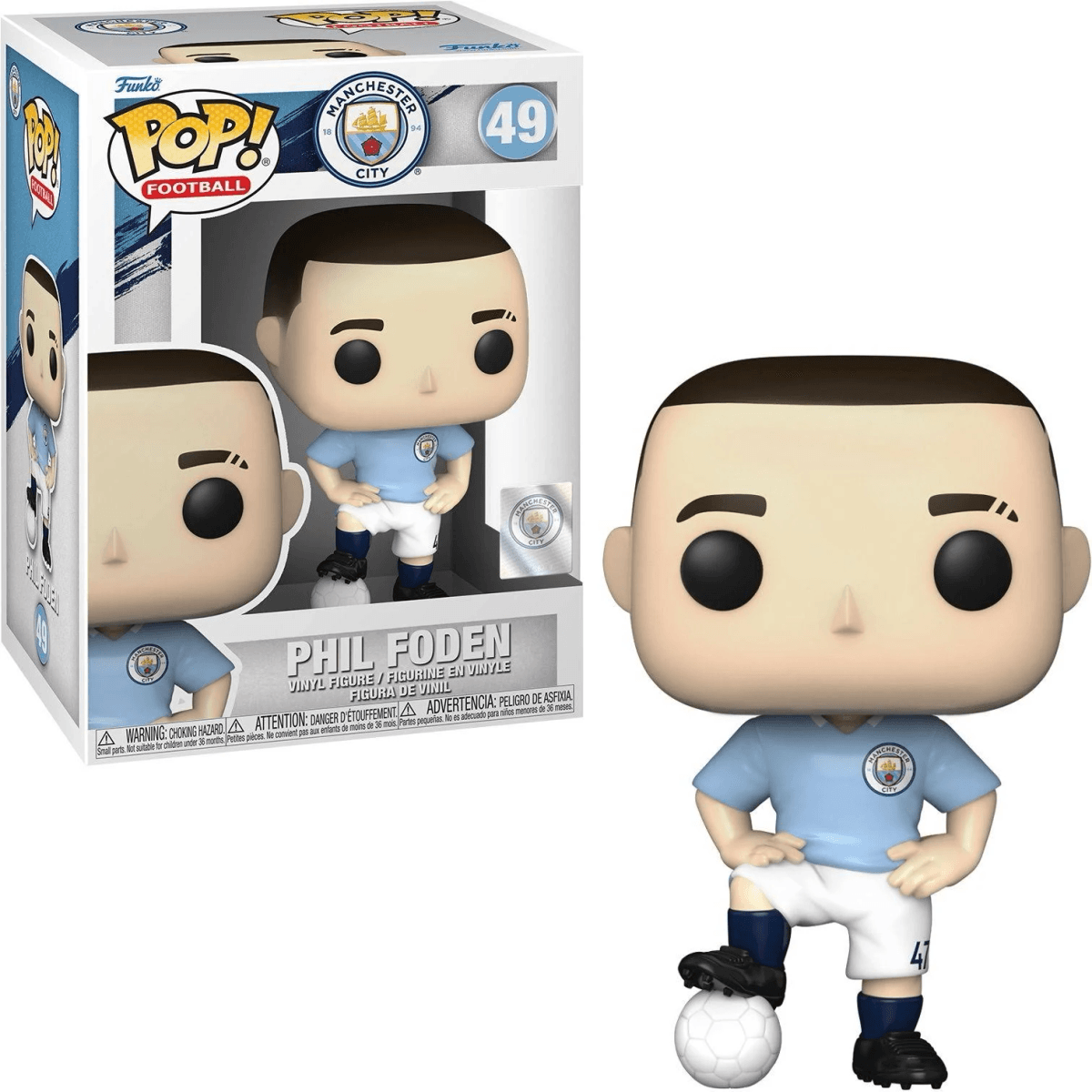 Eine Funko Pop-Figur von Phil Foden in einem blauen Trikot mit einem Fußball.