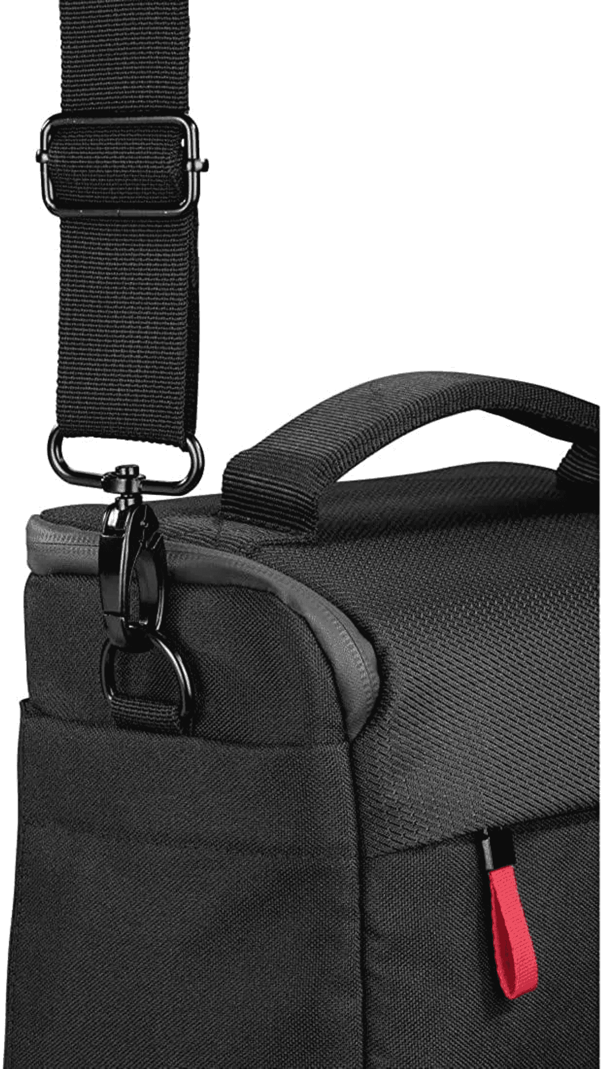 Schwarze Tasche mit Tragegriff, Schultergurt und rotem Reißverschlussanhänger.