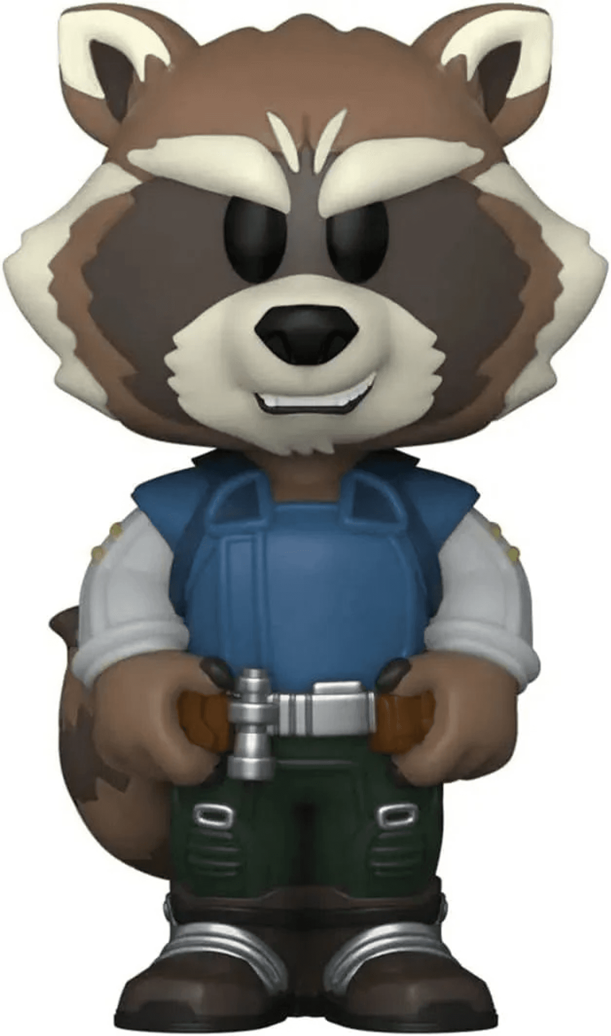 Funko Pop Figur eines Waschbären mit blauen Latzhosen und grüner Hose.