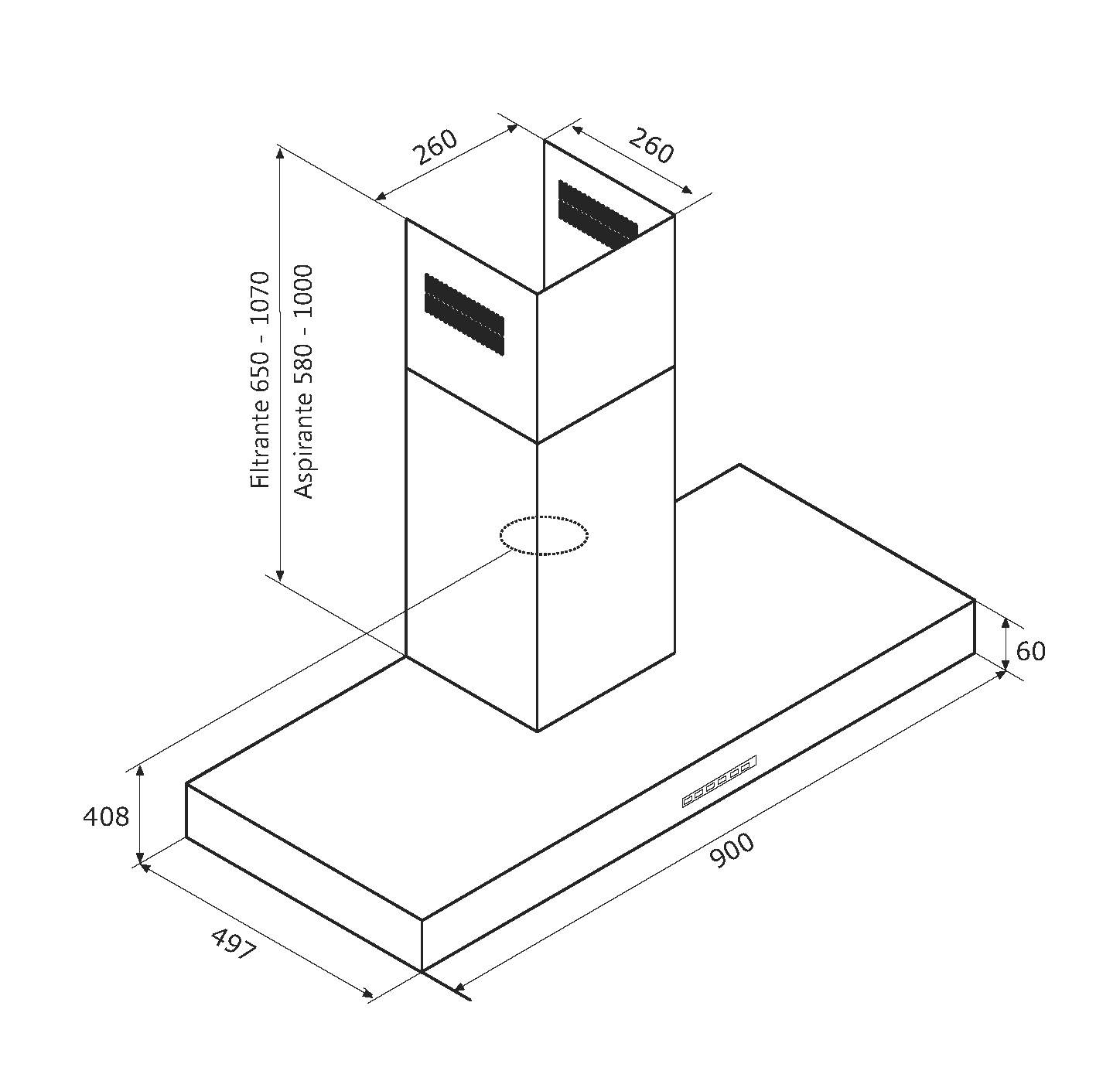 Disegno tecnico di una cappa da cucina con dimensioni.