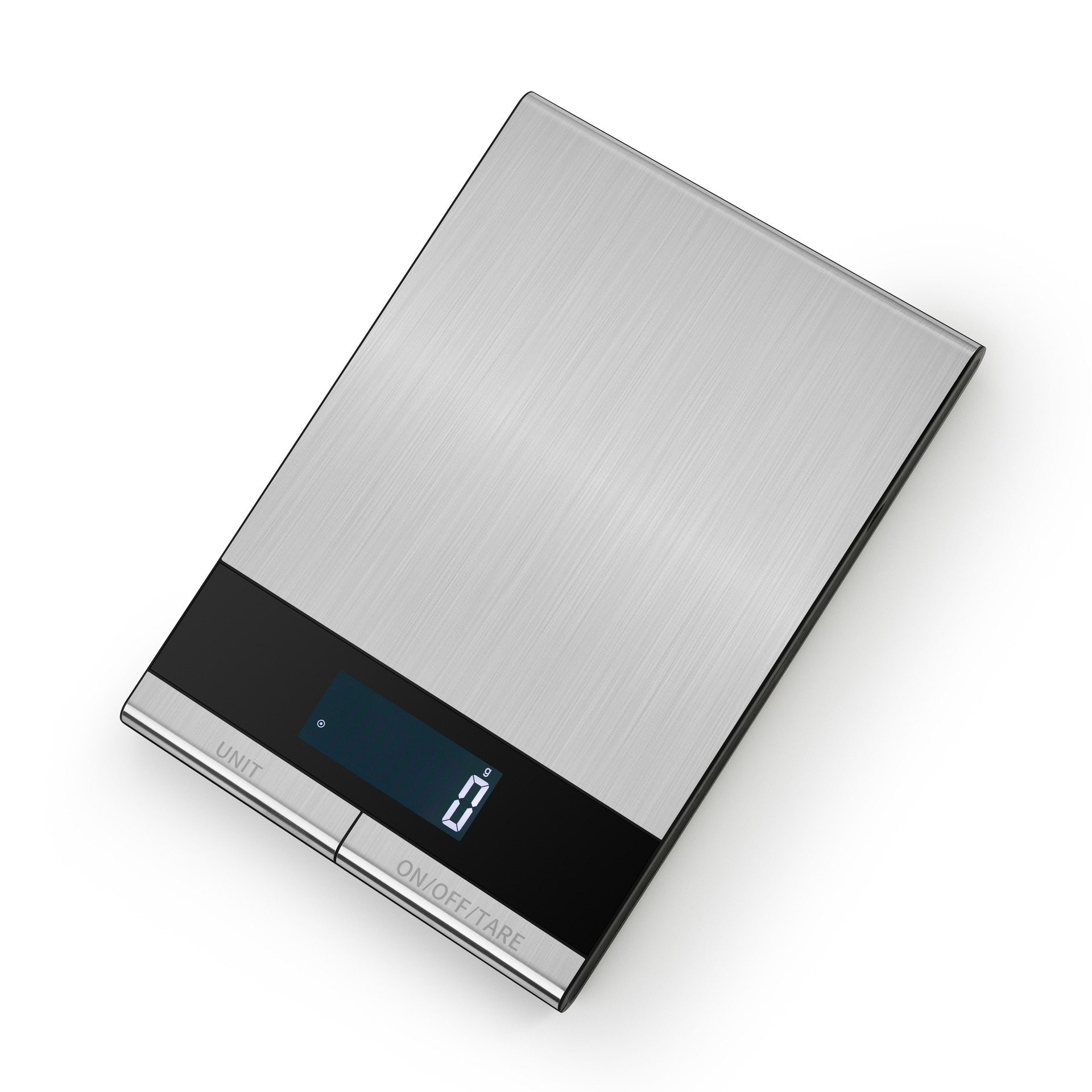 Eine schlanke digitale Küchenwaage aus Metall mit schwarzem Display.