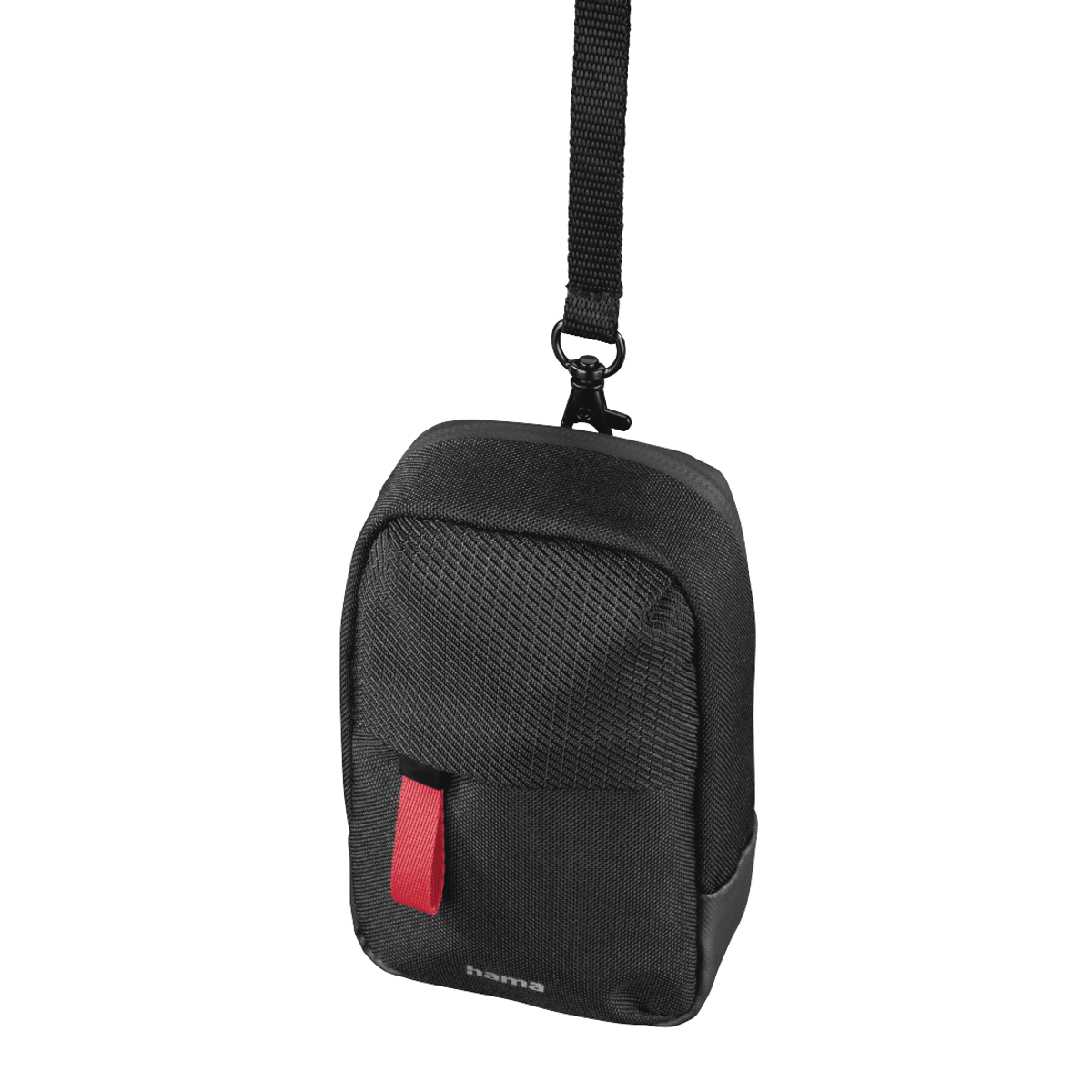 Eine schwarze Tasche mit rotem Band und Karabiner, die an einem Band hängt.