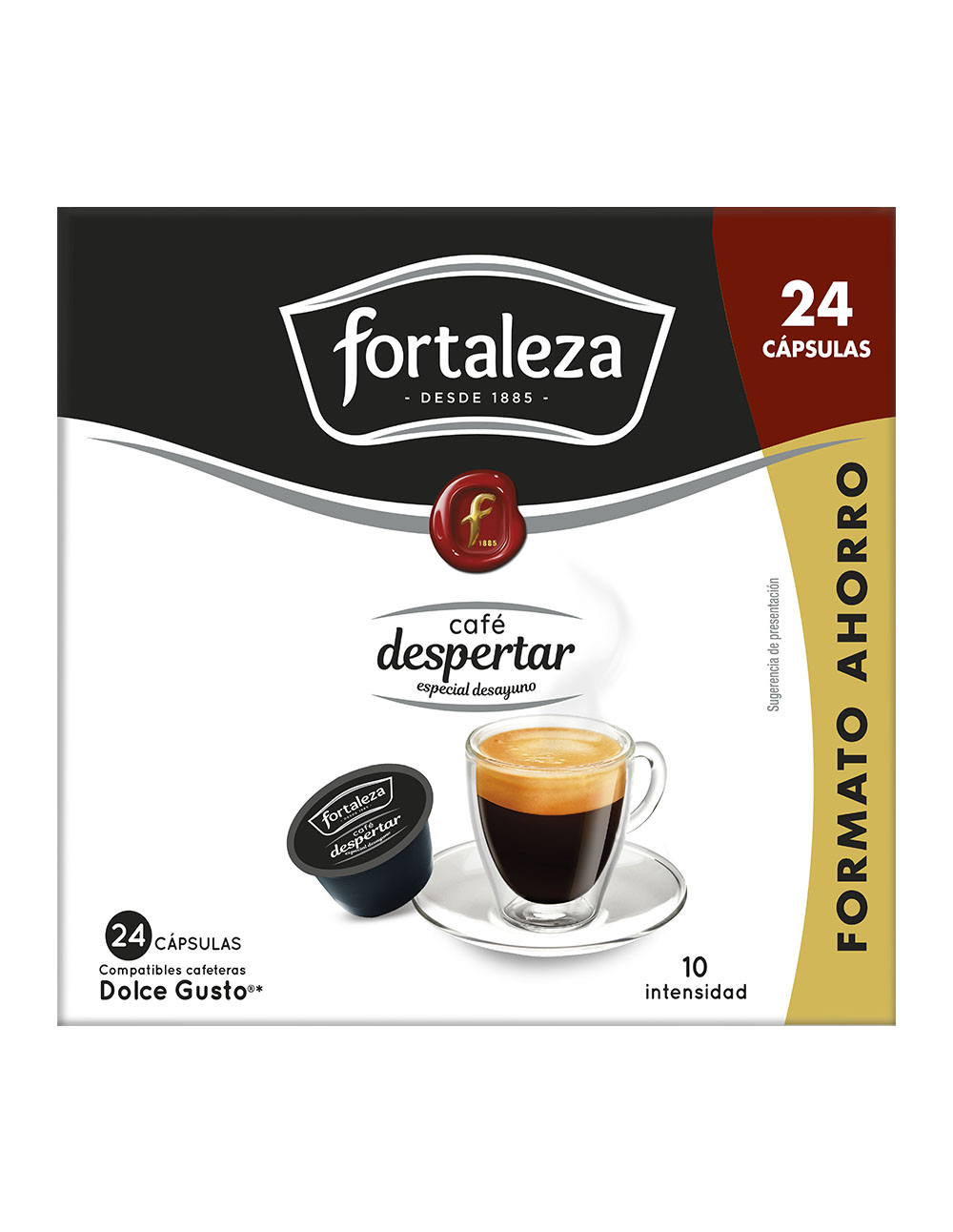 Caja de 24 cápsulas de café Fortaleza, una taza de espresso y una cápsula.