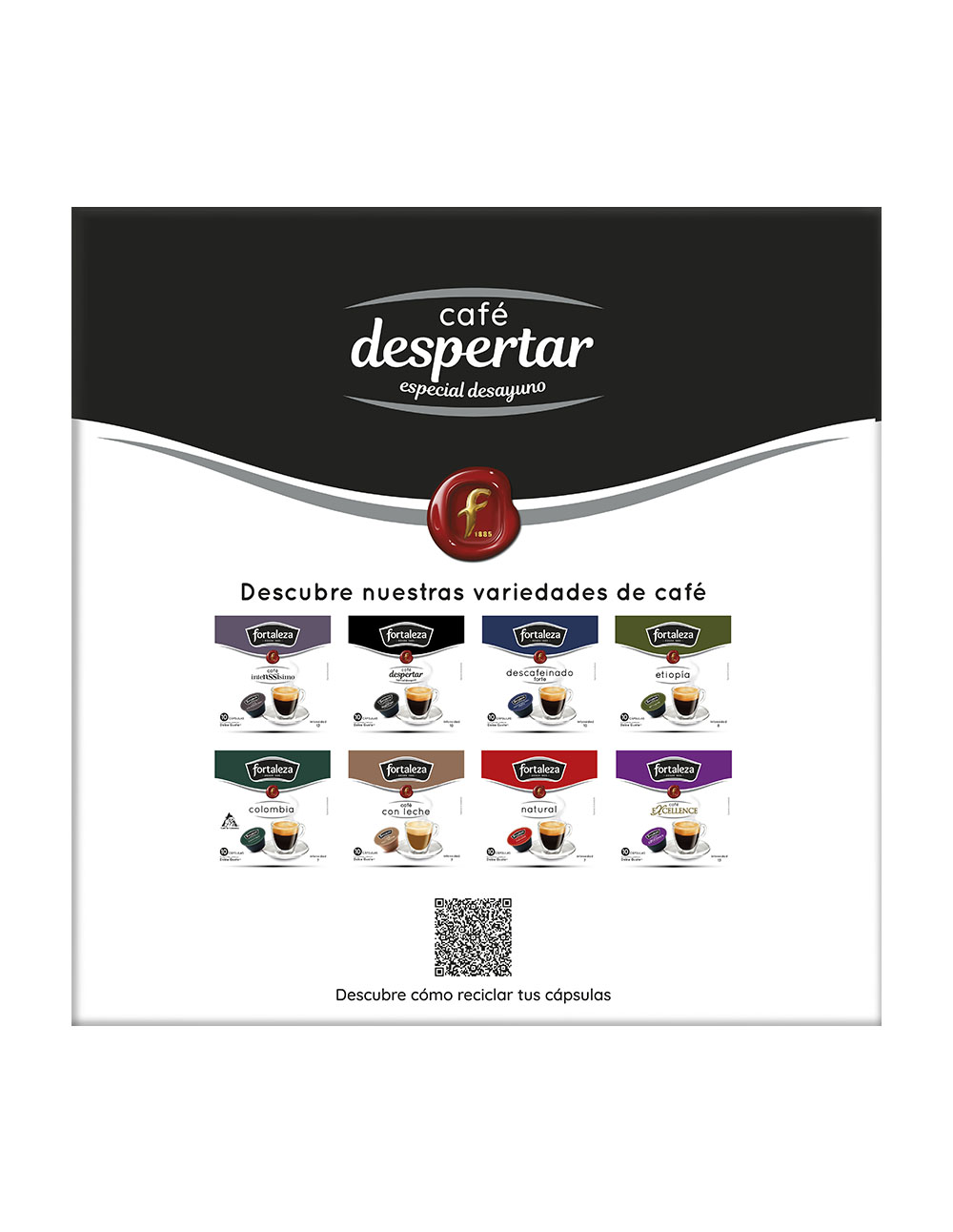Folleto con variedades de cápsulas de café y un llamado a reciclar.