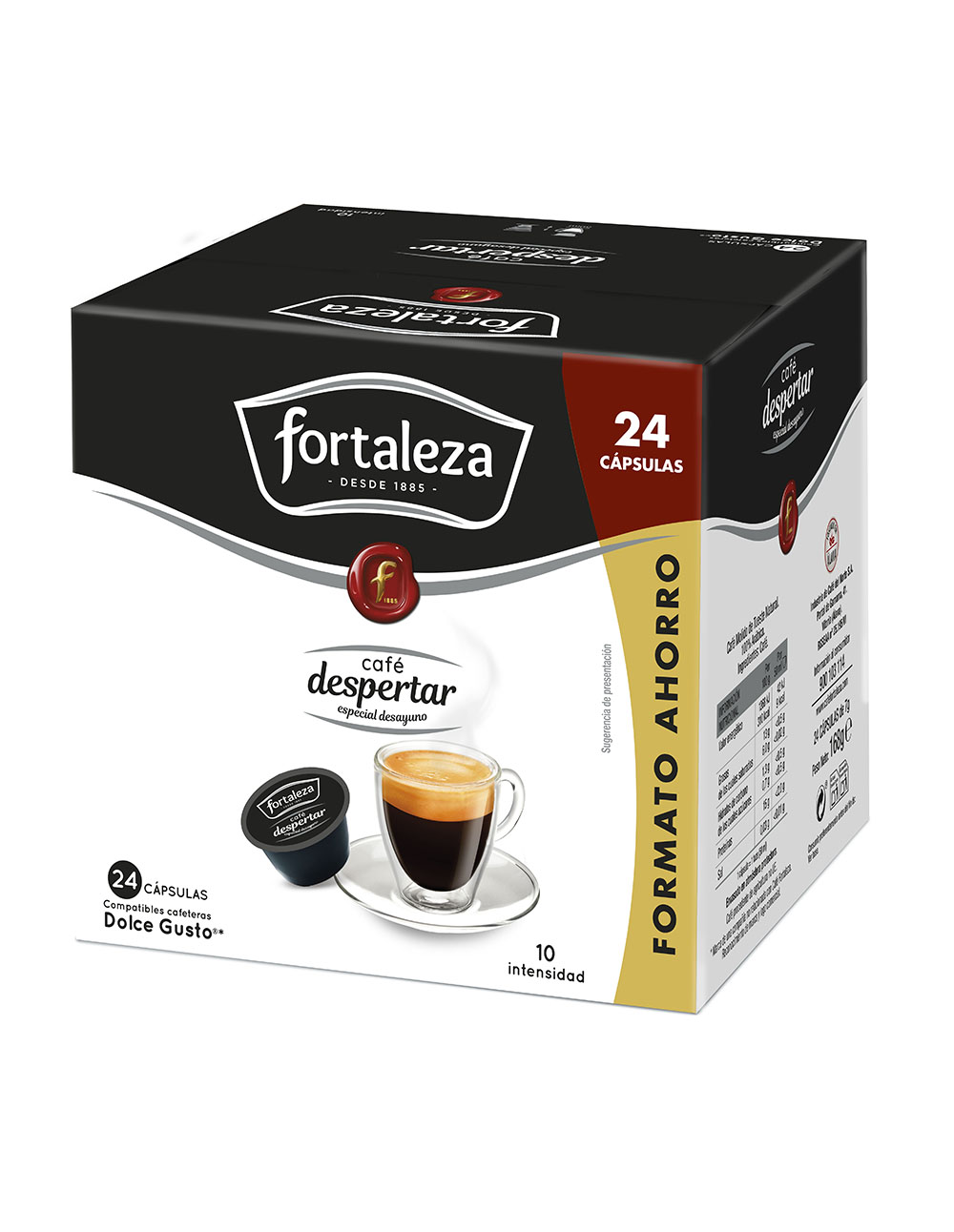 Caja de cápsulas de café negras con logo Fortaleza, 24 cápsulas, un espresso y una cápsula.