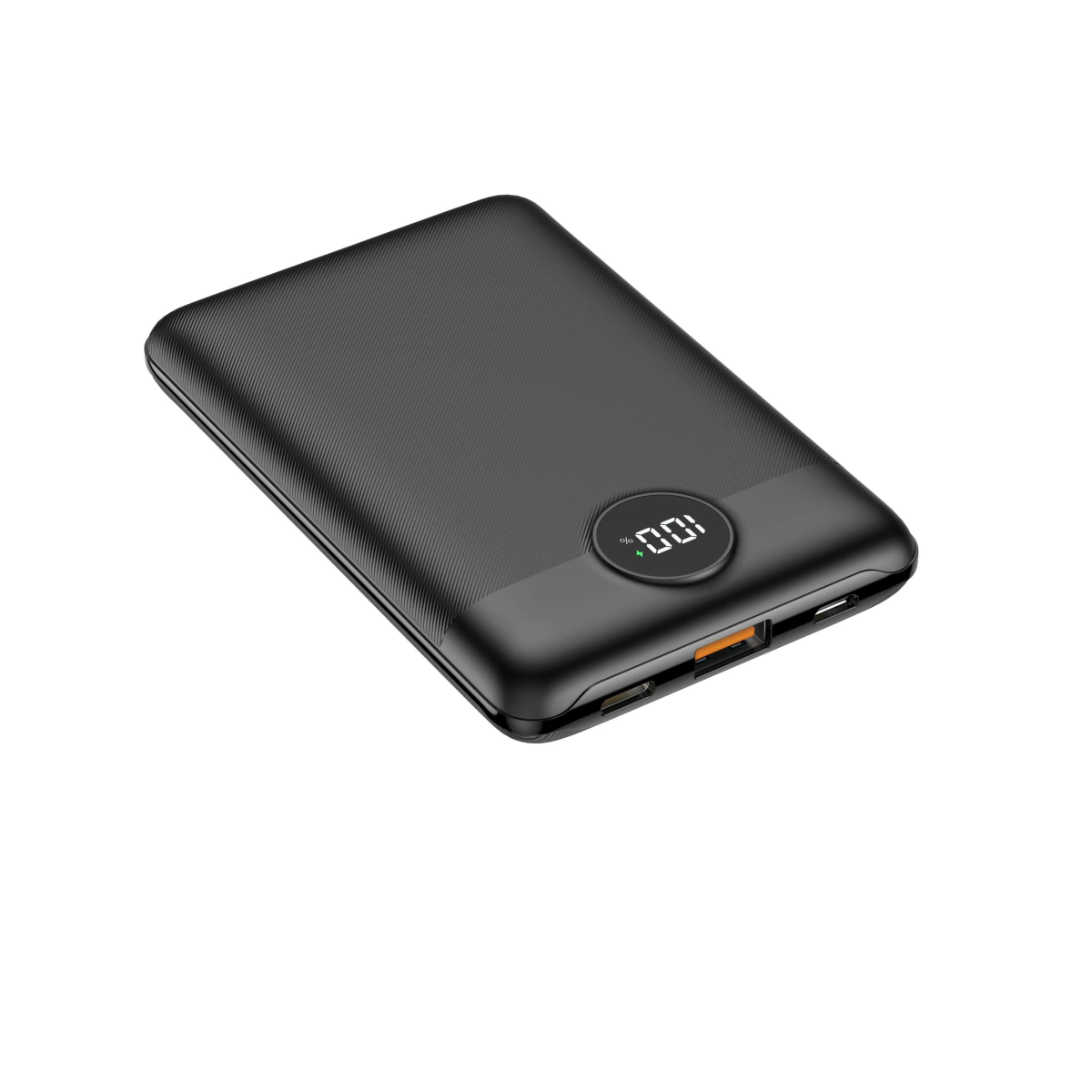 Schwarzes Ladegerät mit 100% Anzeige, USB-Anschlüssen und orangefarbenem Ein-/Ausgang.