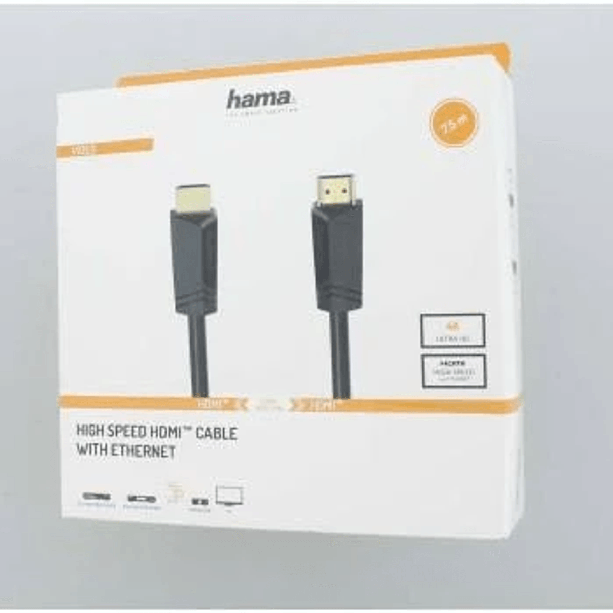 Hama High Speed HDMI Kabel mit Ethernet. Zwei schwarze HDMI-Stecker gezeigt.