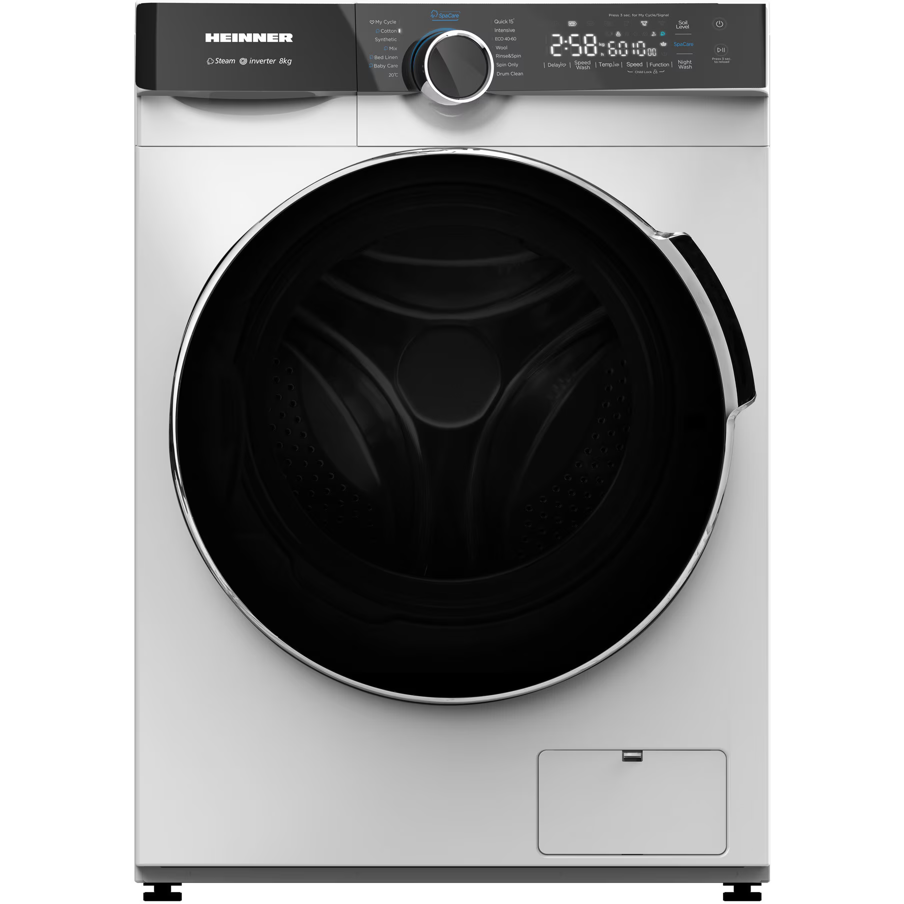 Eine weiße Waschmaschine mit schwarzer Tür und Bedienfeld. Die Tür ist geöffnet.