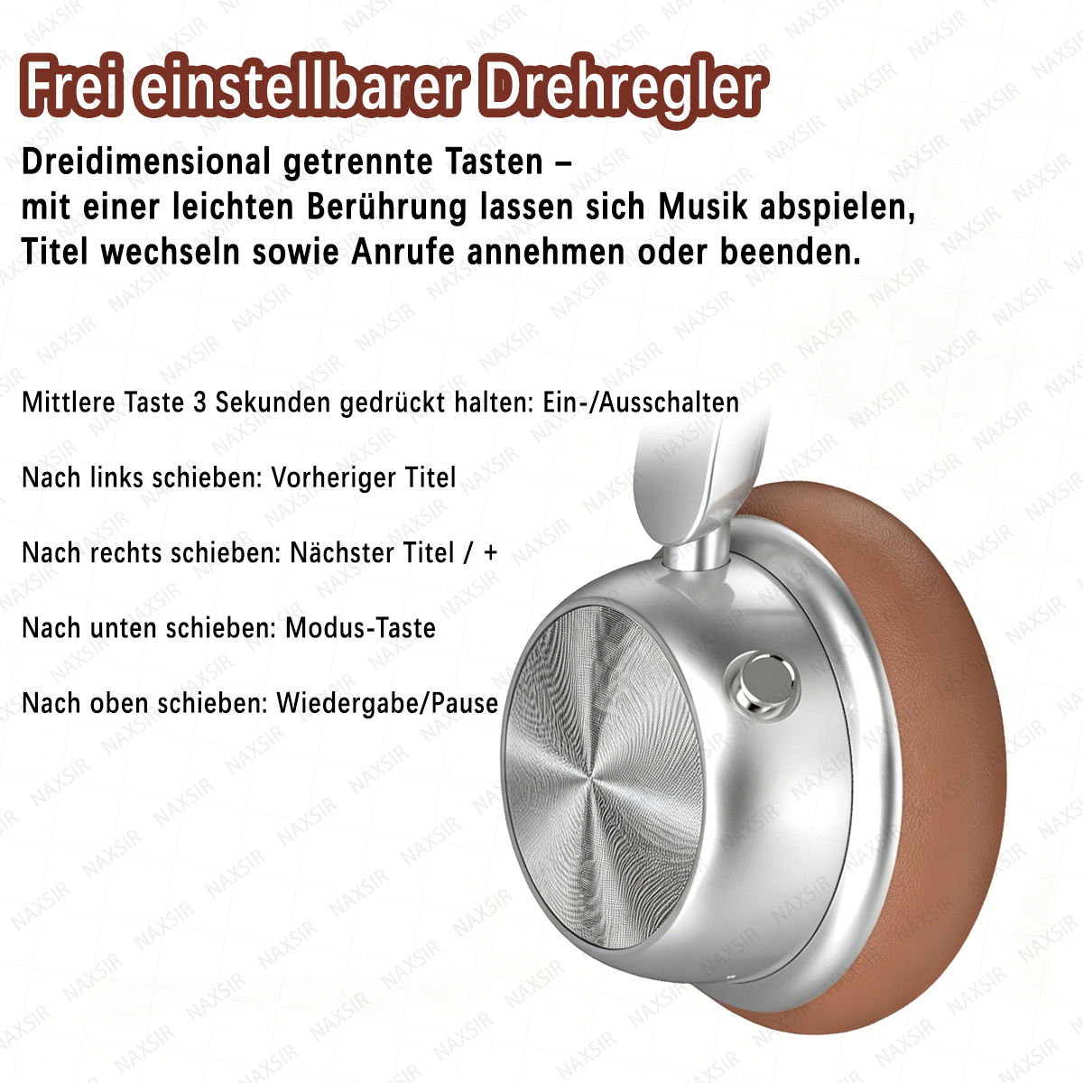 Kopfhörer mit braunem Lederohrpolster und silbernem Gehäuse.