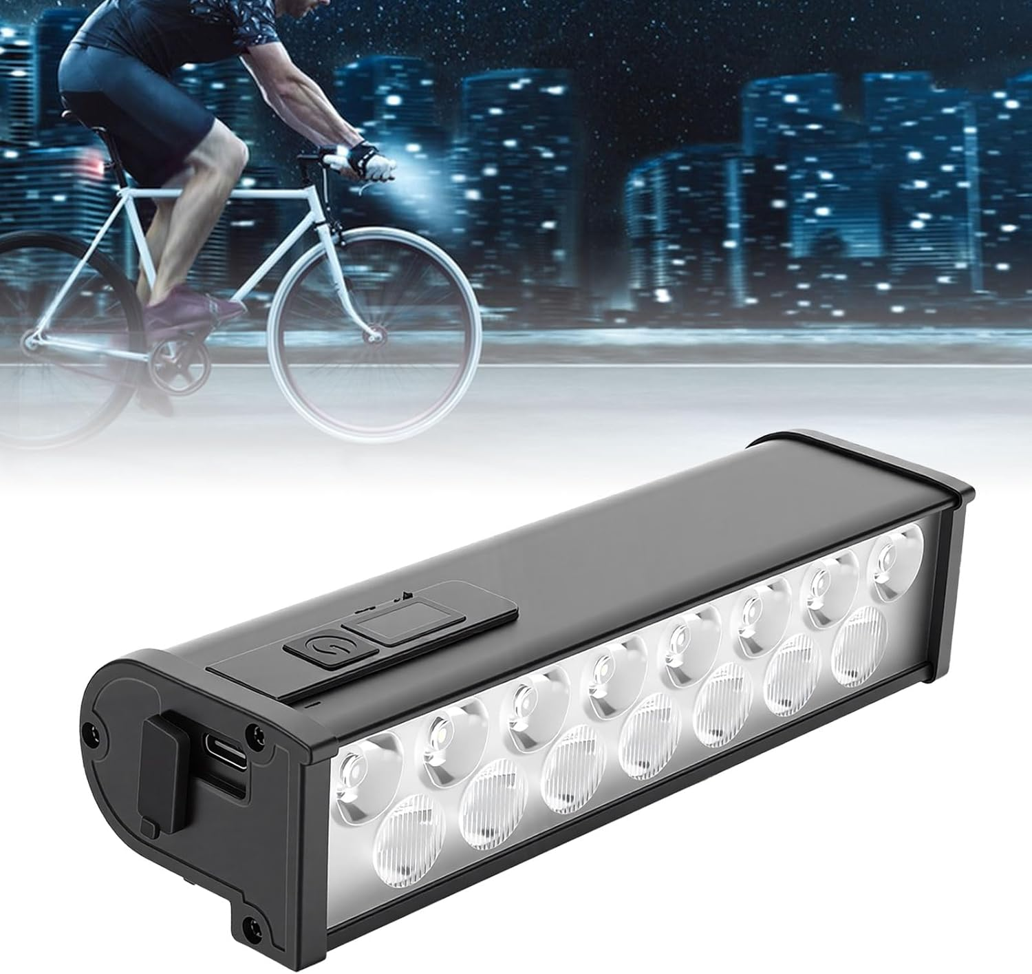Schwarzer Fahrradscheinwerfer mit 12 LEDs und USB-Anschluss, vorne beleuchtet.