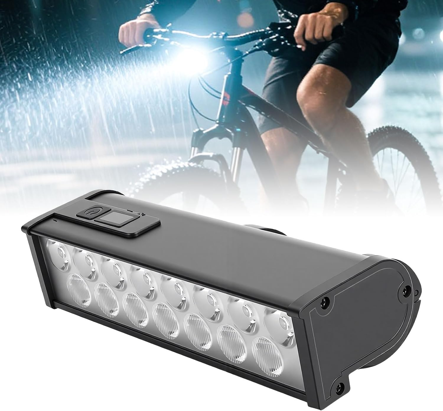 Eine schwarze Fahrradlampe mit vielen LEDs und einem Mann, der im Regen Fahrrad fährt.