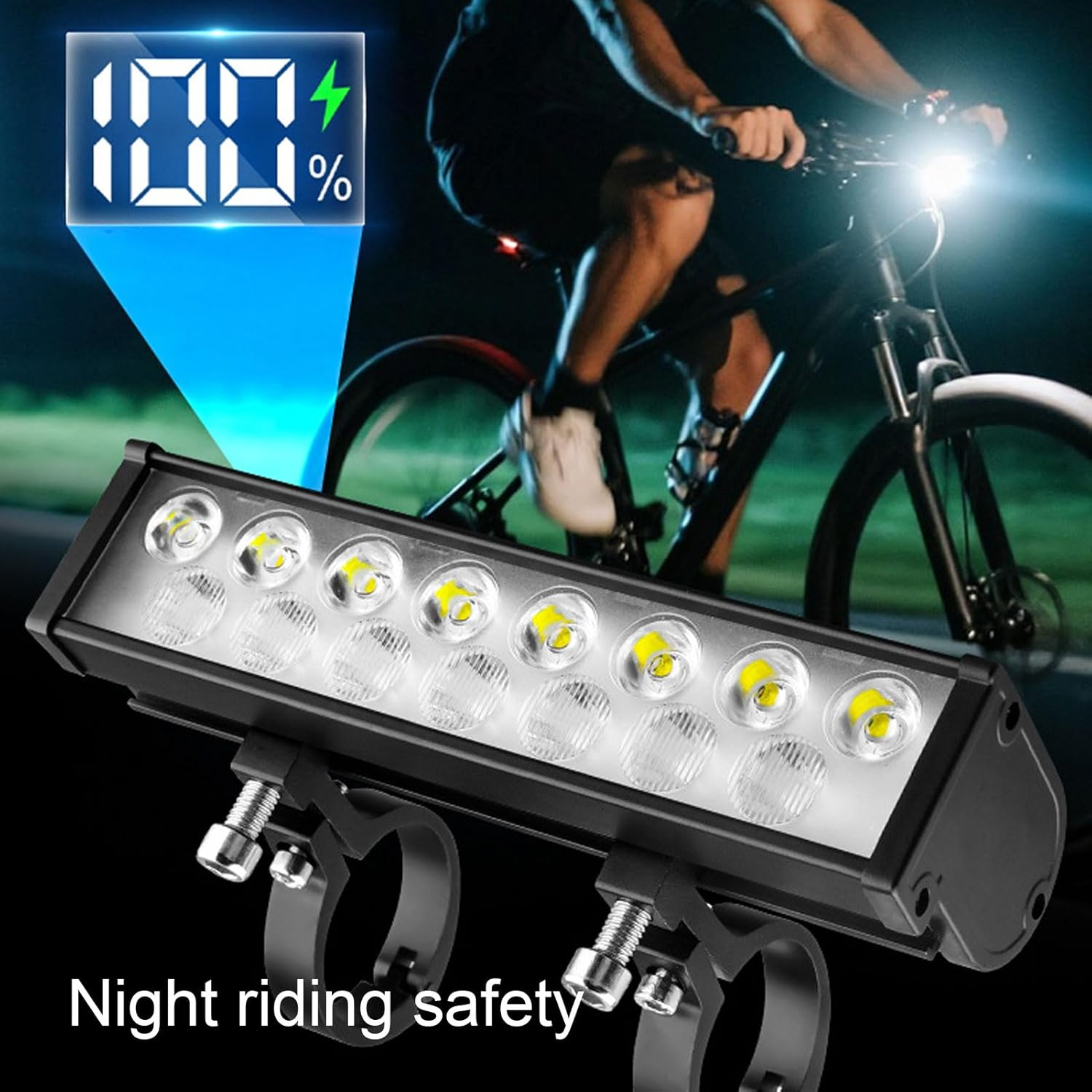 Fahrradlicht mit 100% Ladestandanzeige und Radfahrer bei Nacht.