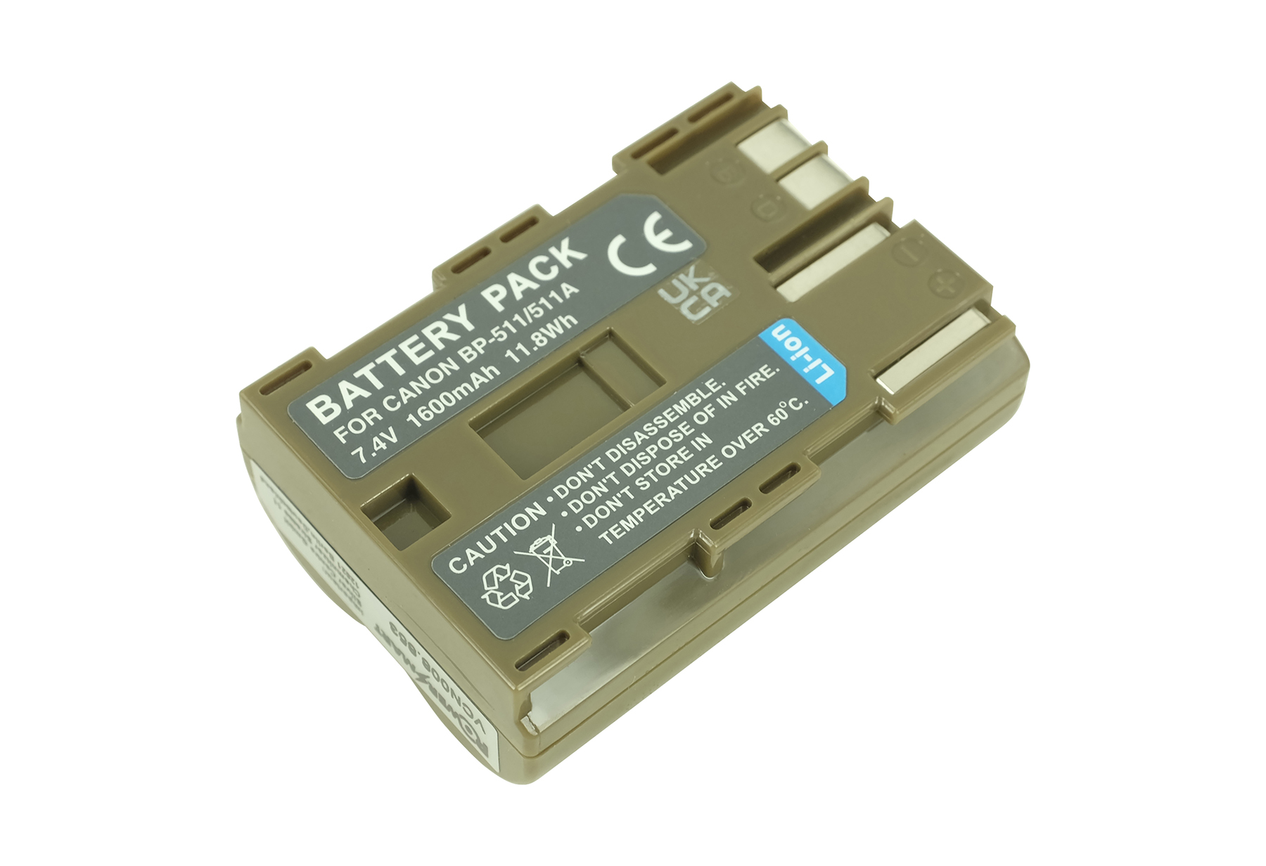 Brauner Lithium-Ionen-Akku für Canon BP-511/511A mit CE- und UKCA-Zeichen.