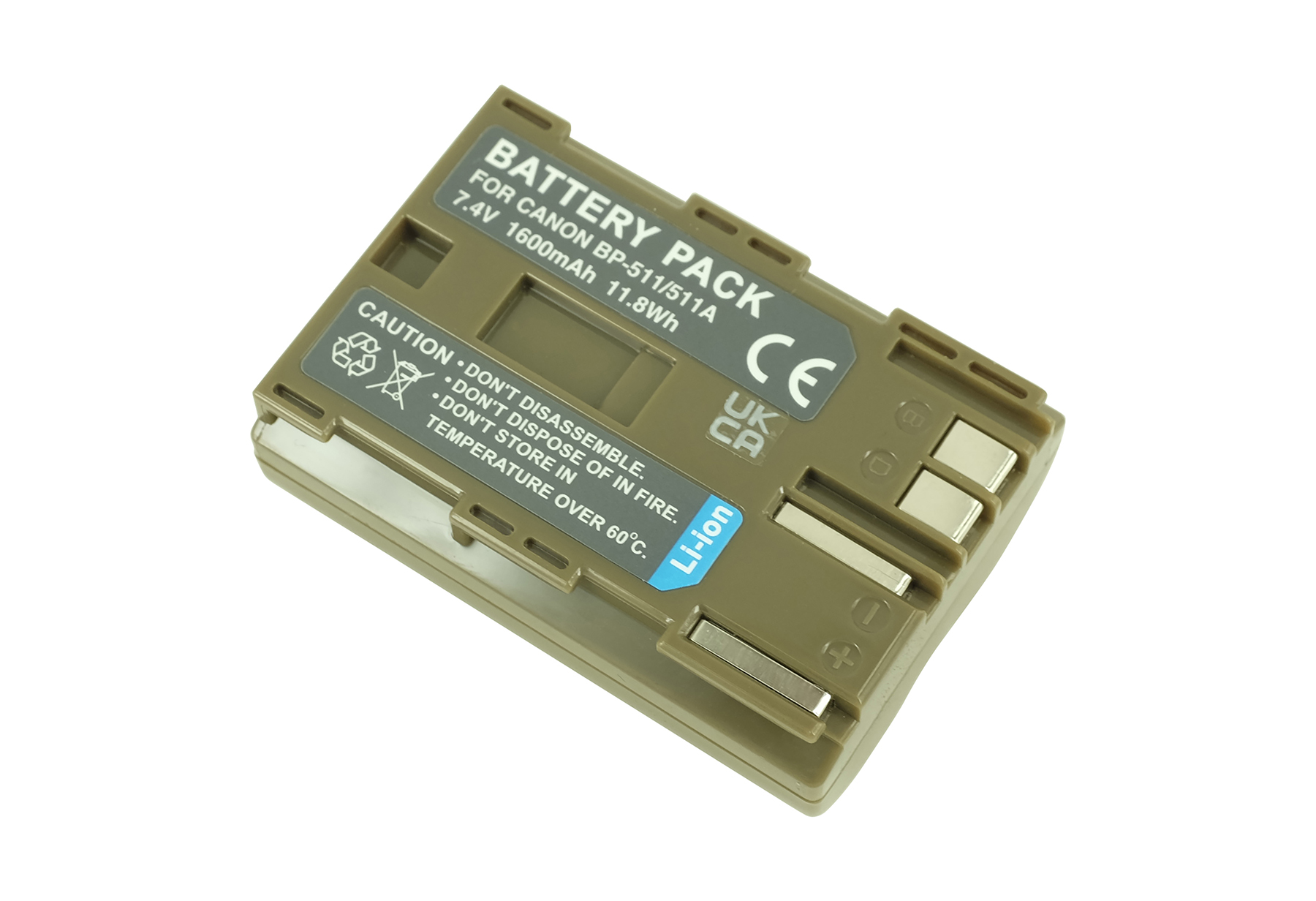 Ein brauner Akku für Canon BP-511/511A mit 7,4V, 1600mAh, 11,8Wh.