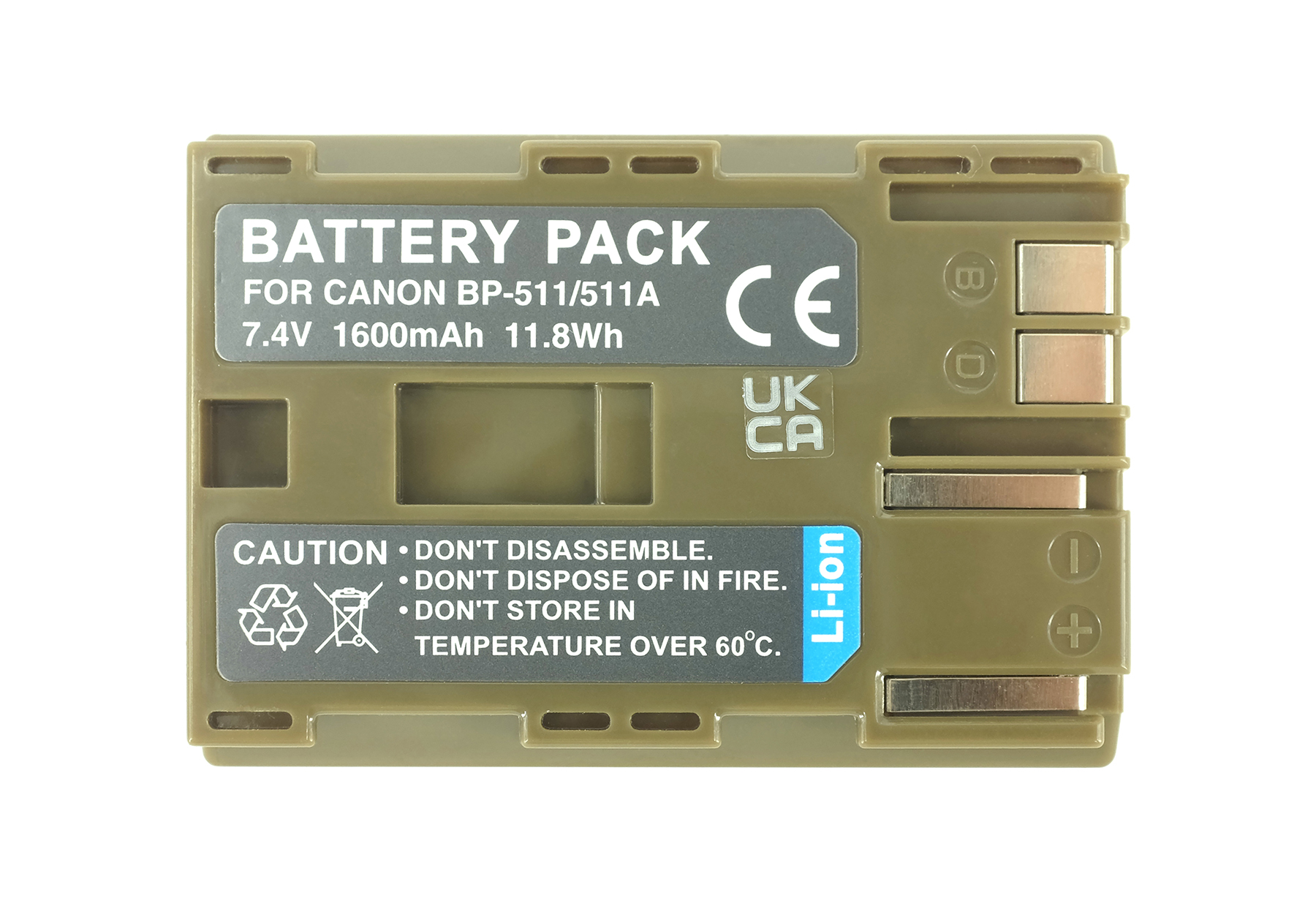 Brauner Canon BP-511/511A Akku mit 7,4V, 1600mAh. Warnungen aufgedruckt.