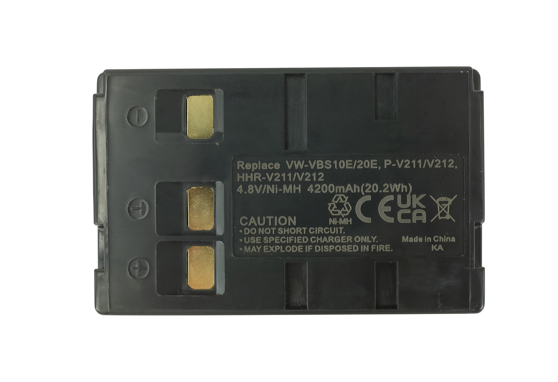 Schwarzer Akku mit goldenen Kontakten und Warnhinweisen. 4.8V/Ni-MH.