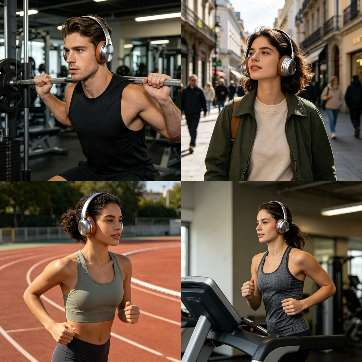 Mann hebt Gewicht im Fitnessstudio, Frau geht auf Straße, Frau rennt auf Laufbahn, Frau läuft auf Laufband.