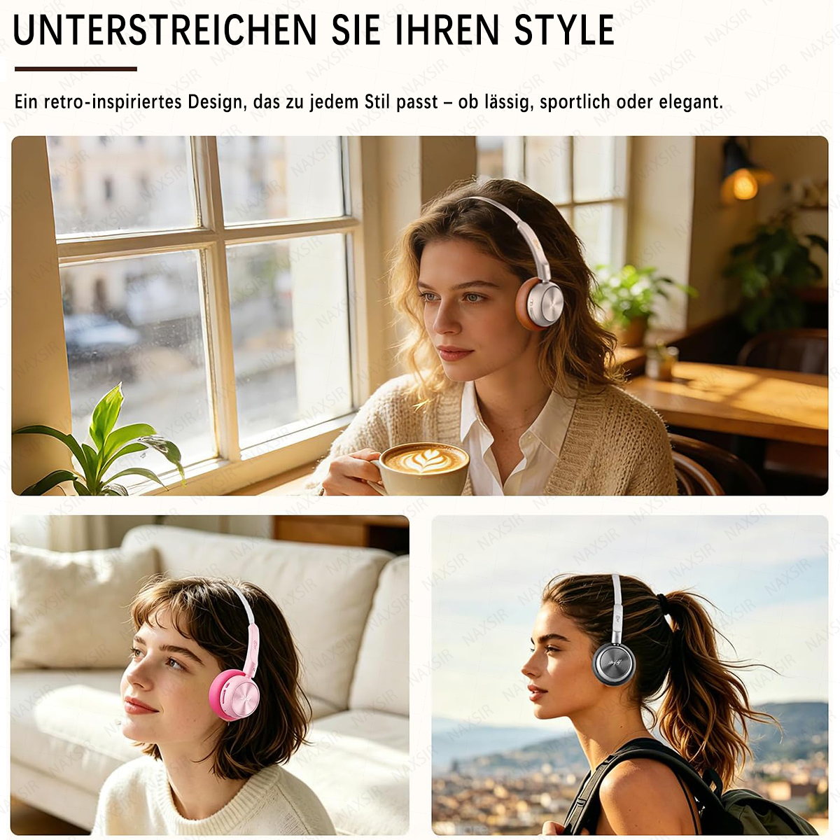Drei Frauen tragen Kopfhörer: eine trinkt Kaffee, eine sitzt auf einem Sofa, eine läuft.