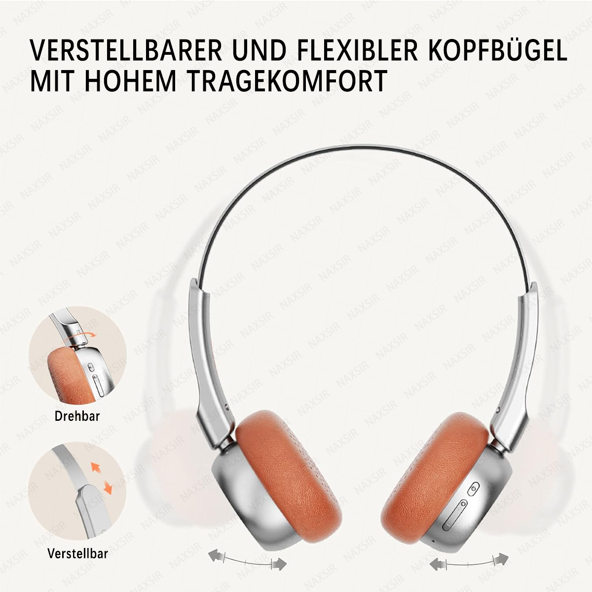 Silberne Kopfhörer mit braunen Ohrpolstern, verstellbarem Bügel und Drehfunktion.