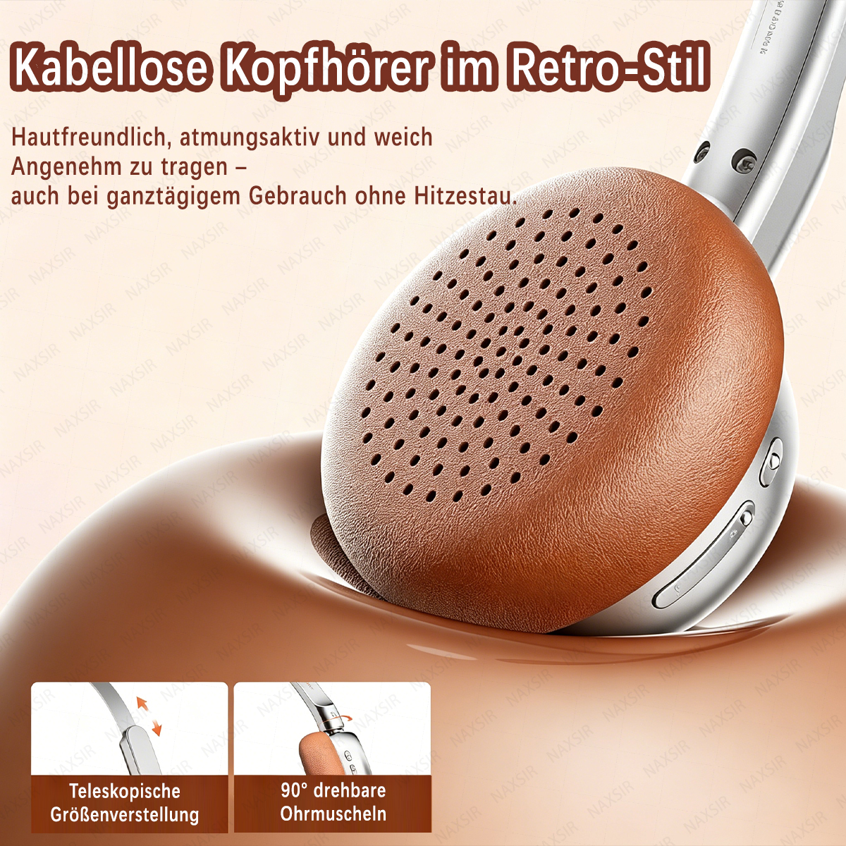 Retro-Stil kabellose Kopfhörer mit braunen Ohrmuscheln und silbernem Bügel.