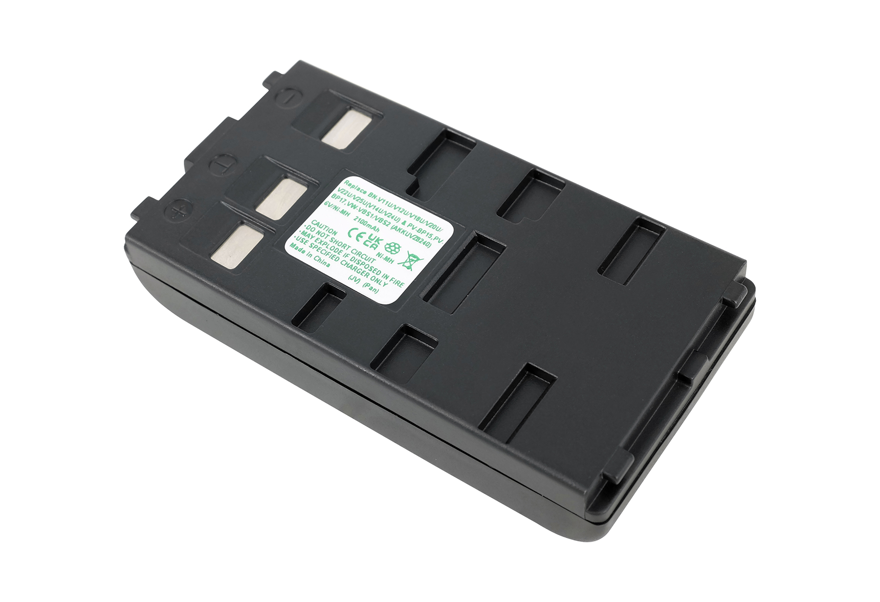 Schwarzer Akku mit Beschriftung: Ersetzt BN-V11U, 6V/Ni-MH 2100mAh.