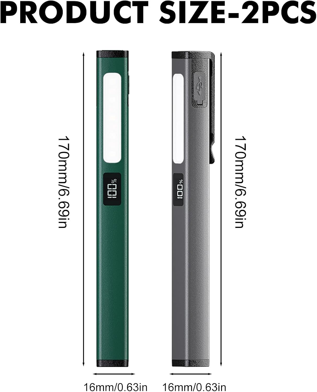 Zwei Stabtaschenlampen, grün und grau, 170 mm lang, 16 mm breit.