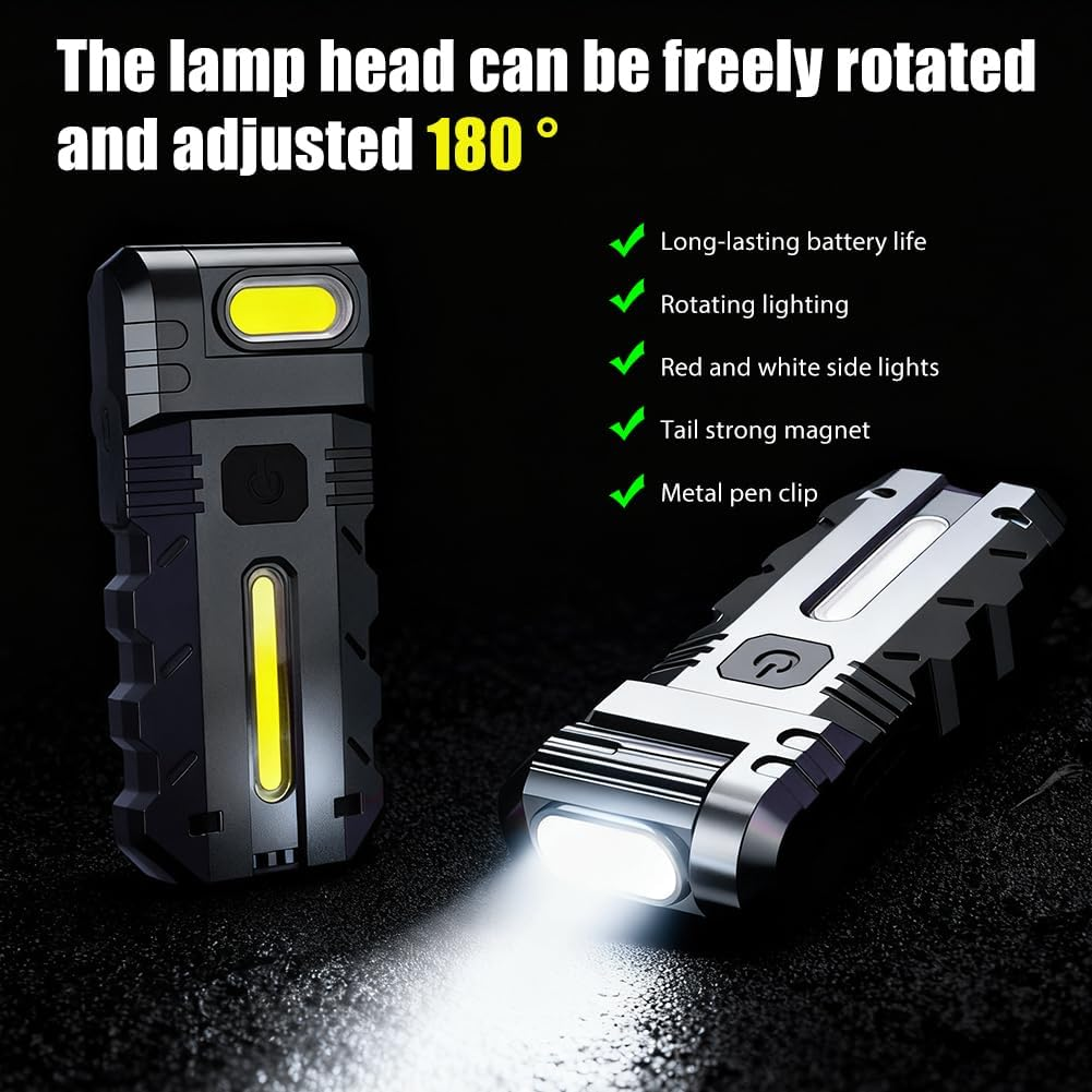 Zwei Taschenlampen mit gelbem Licht und roten/weißen Seitenlichtern, eine leuchtet.