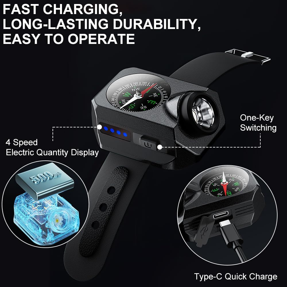 Armbanduhr mit Kompass, Taschenlampe, Ladeanzeige und USB-C-Anschluss.