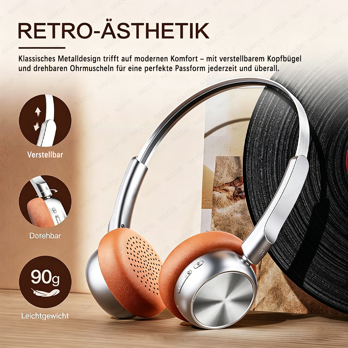 Braune und silberne Kopfhörer mit Retro-Ästhetik, auf einem Tisch mit Schallplatten.