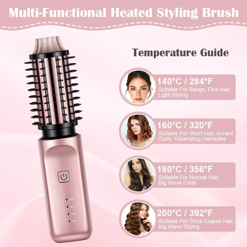 Ein roségoldener beheizter Stylingpinsel mit Temperaturangaben für verschiedene Haartypen.