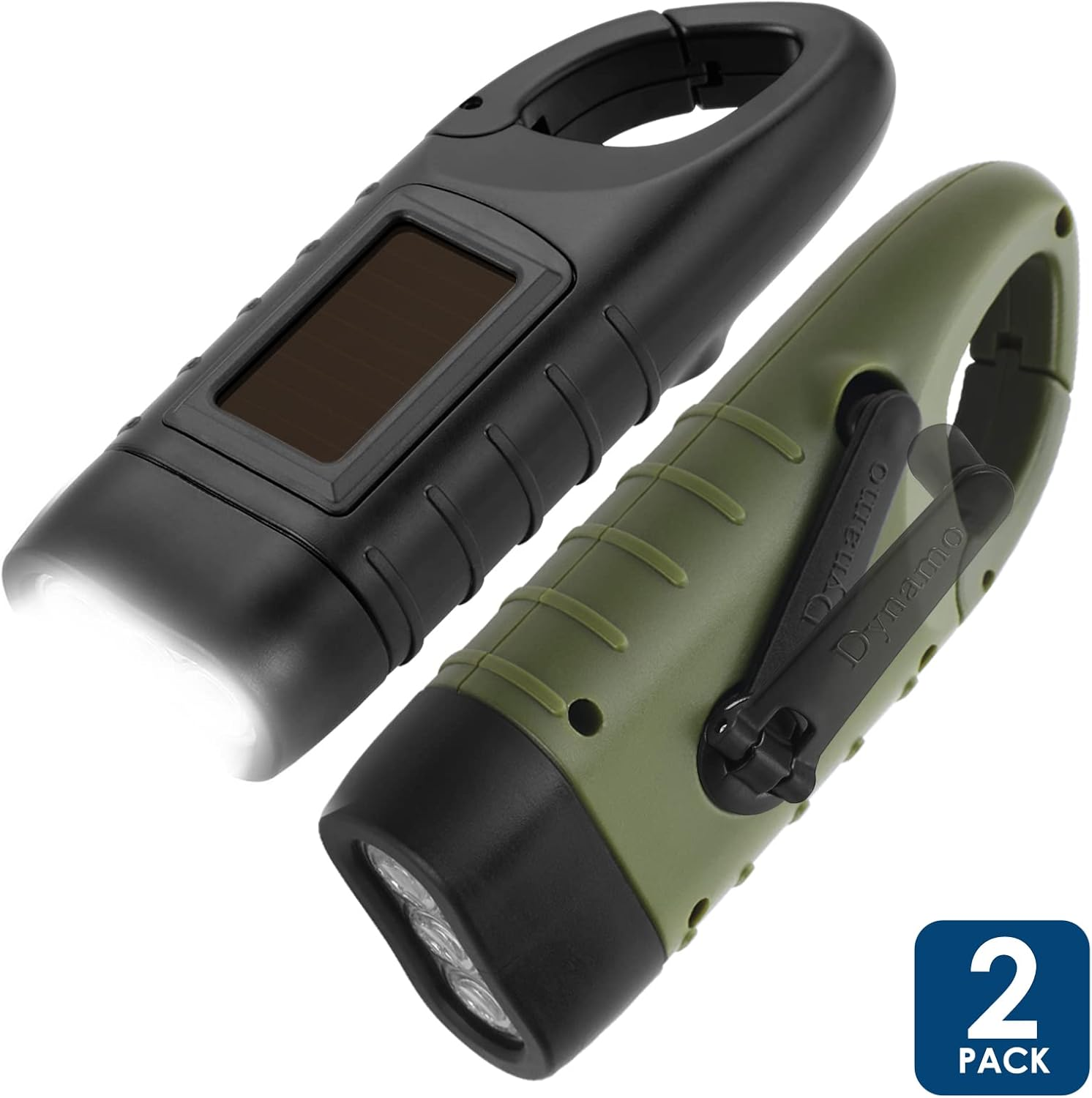 Zwei Dynamo-Taschenlampen, eine schwarz mit Solarpanel, eine grün mit Kurbel.