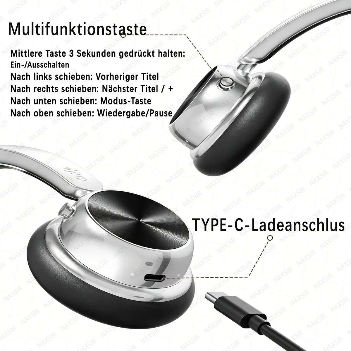 Silberne Kopfhörer mit schwarzen Ohrpolstern. Ladeanschluss und Tasten sind markiert.