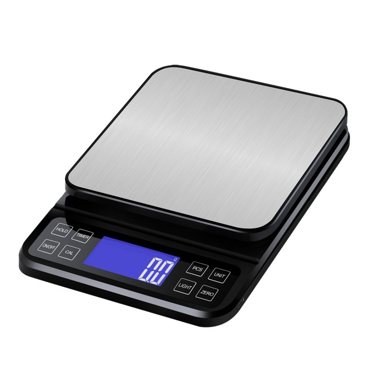 Eine schwarze Digitalwaage mit silberner Wiegefläche und blauem LCD-Display.
