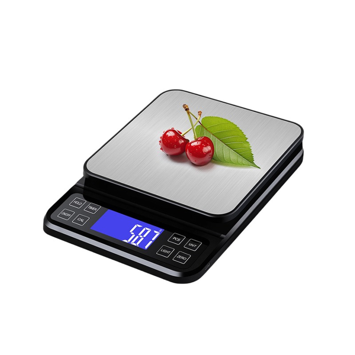 Eine Digitalwaage zeigt 5,87 g mit zwei roten Kirschen und einem grünen Blatt.