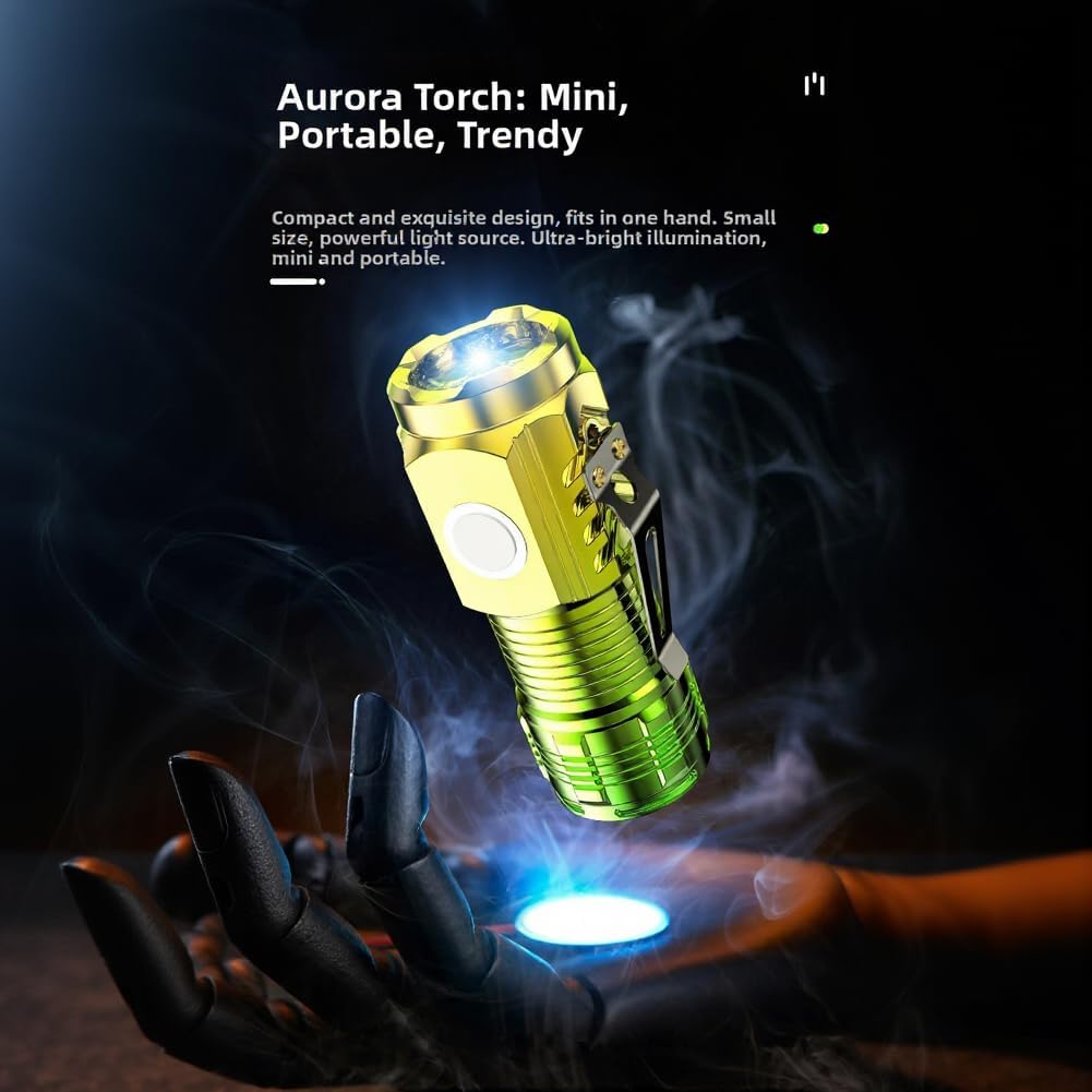 Ein kleiner, goldener und grüner Taschenlampen-Prototyp wird von einer Roboterhand gehalten.