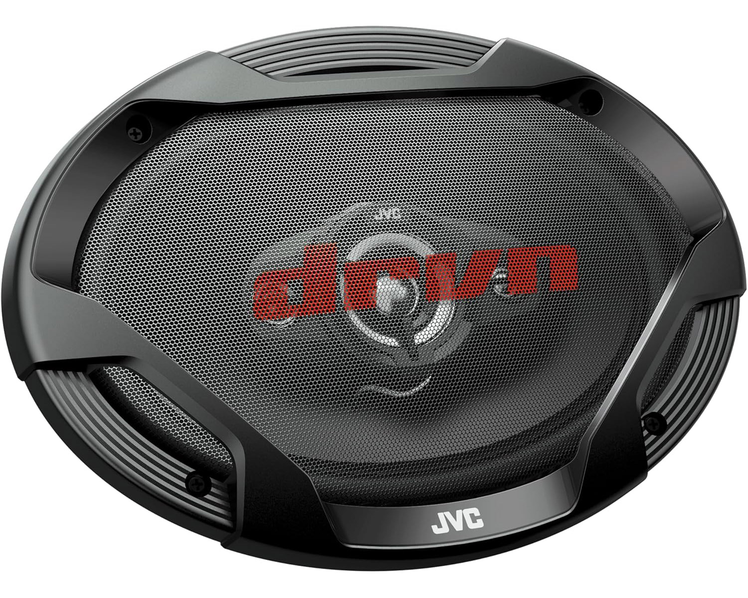 Ovaler schwarzer JVC Lautsprecher mit rotem Logo in der Mitte und silbernem Gitter.